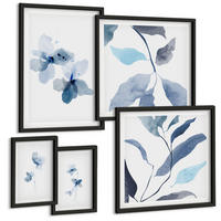 BILDER SET 5er Set - 50x50 cm & 20x30 cm & 40x60 cm Schwarzer Rahmen - Minimalistische blaue Blumen - Schwarz, Kunststoff (40/60cm) - TULUP