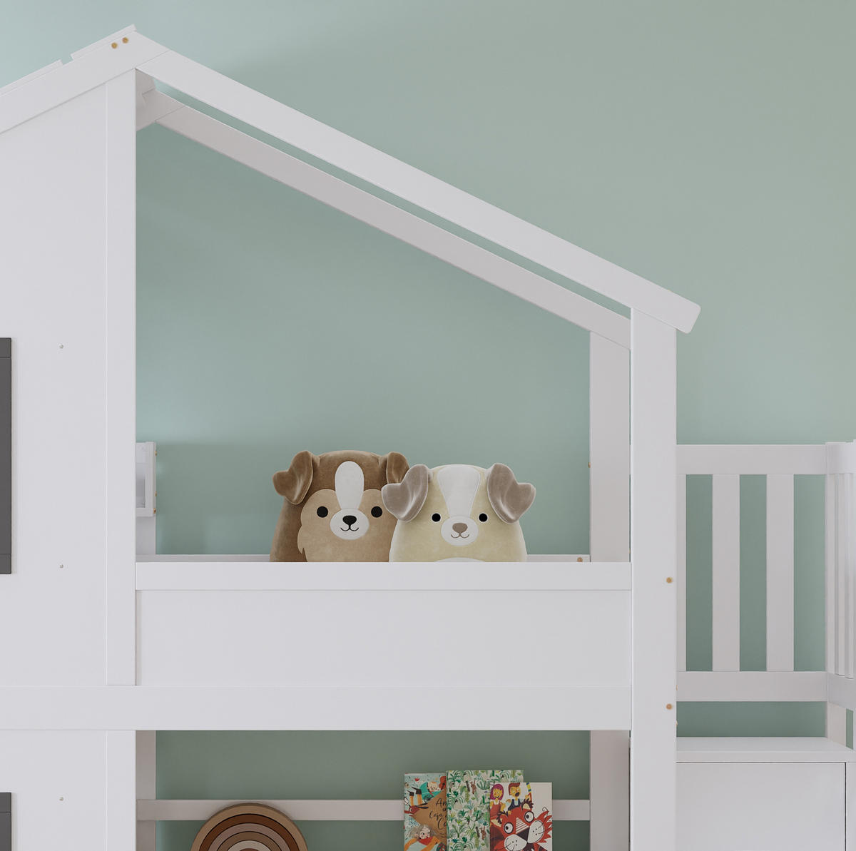 ETAGENBETT 90/200 cm mit Treppenregal, Fenstern und Dach, Kiefer/MDF, Weiß/Grau - Weiß, Holz (90/200cm) - Redom
