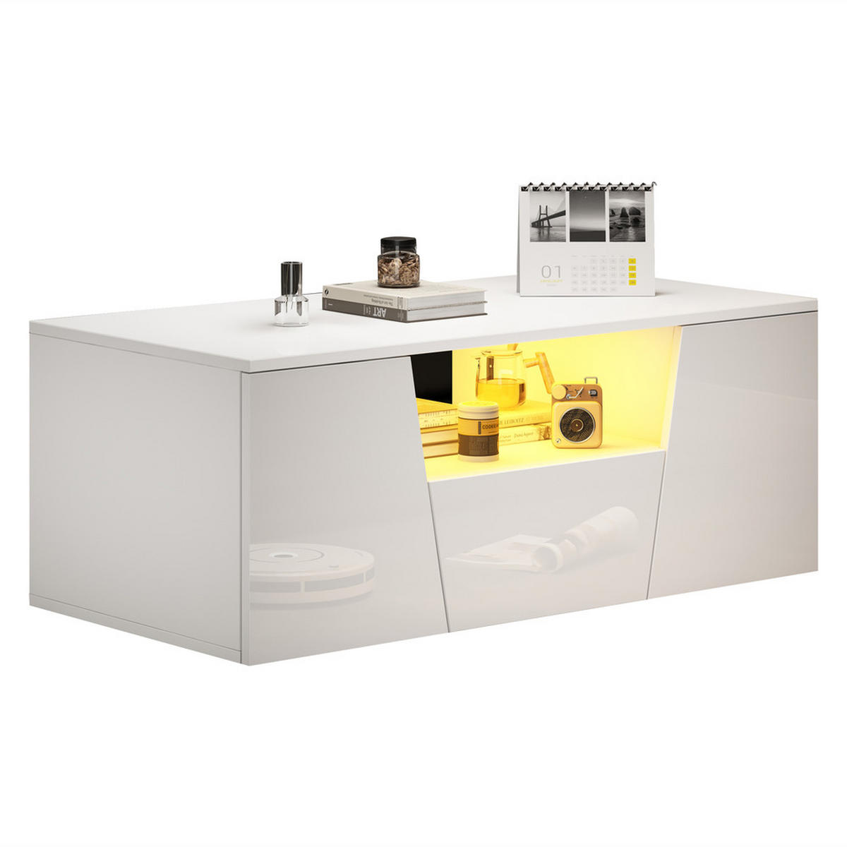 COUCHTISCH 100x50cm Weiß Hochglanz LED Unregelmäßig 2 Schränke Schublade - Weiß, Holz (109.22/59.51/12.98cm) - FLIEKS