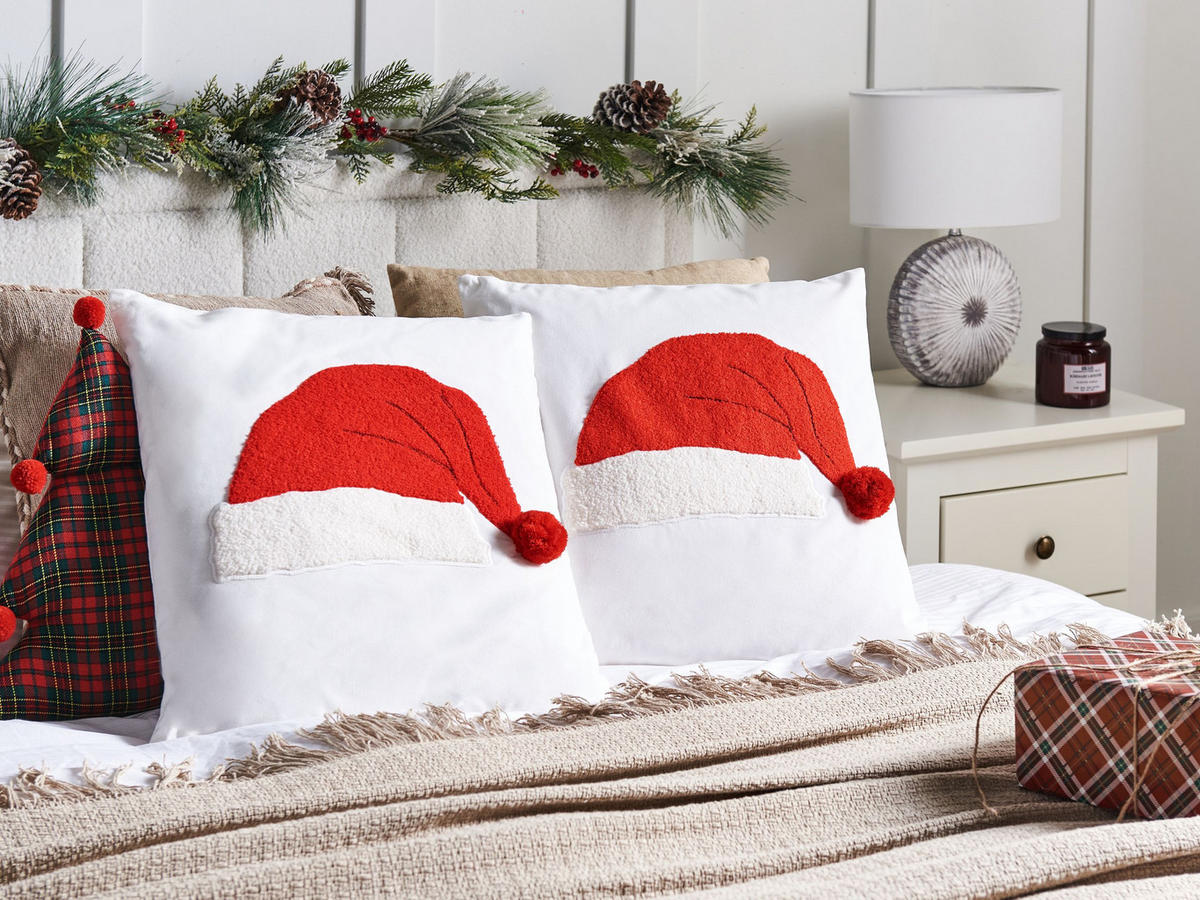 Dekokissen 2er-Set Cremeweiß 45/45 cm Pretzel - Rot/Weiß, Naturmaterialen (45/45cm) - Beliani