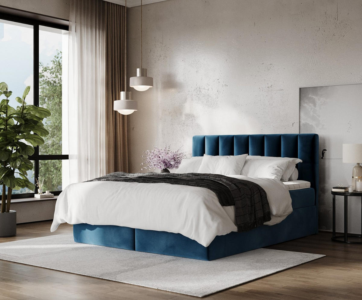 BOXBETT Lusso 140/200 cm Dunkelblau im Kronos Stoff - Schwarz/Dunkelblau, Holz/Holzwerkstoff (140/200cm) - AltaBeds