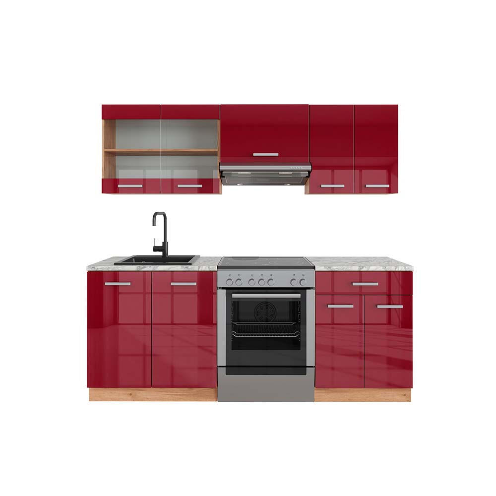 KÜCHENZEILE R-Line Rot Hochglanz/Goldkraft Eiche 200 cm AP Marmor - Rot/Eiche Wotan, Holzwerkstoff (200/81.6/60cm) - Vicco