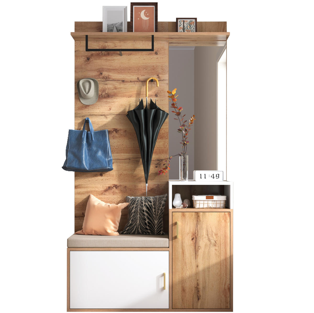 GARDEROBENSET 105/40/190,5 cm aus MDF und Spanplatte mit Spiegel und Sitzbank Weiß/Holzfarben - Weiß, Holzwerkstoff (105/190.5/40cm) - Modenvie