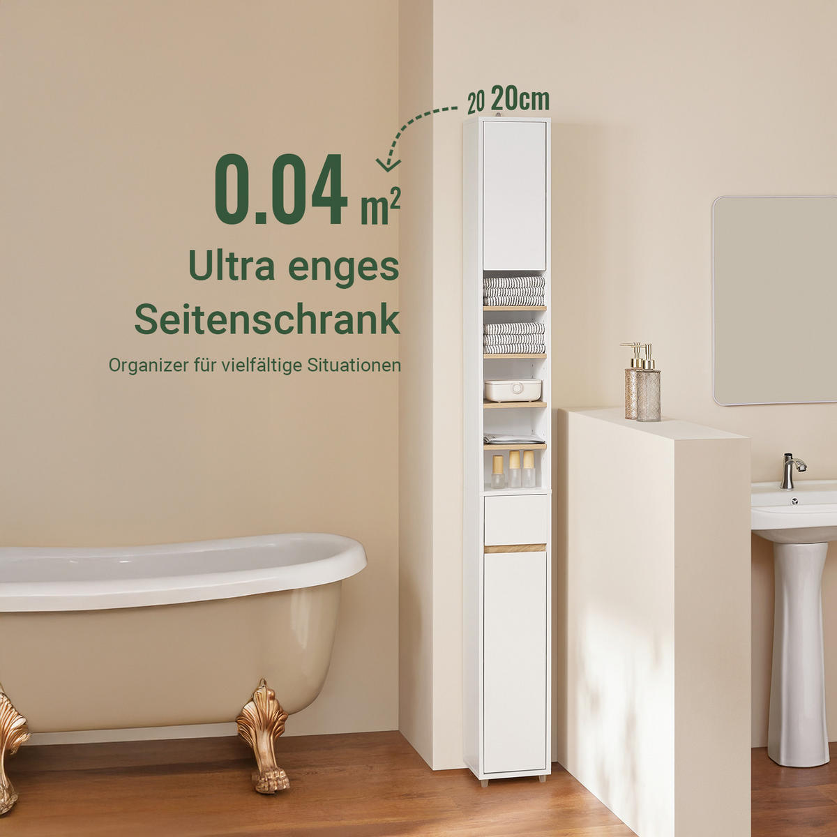 HOCHSCHRANK Schmal, Weiß-Natur, 20x180x20cm - Weiß/Naturfarben, Holzwerkstoff (20/180/20cm) - SoBuy