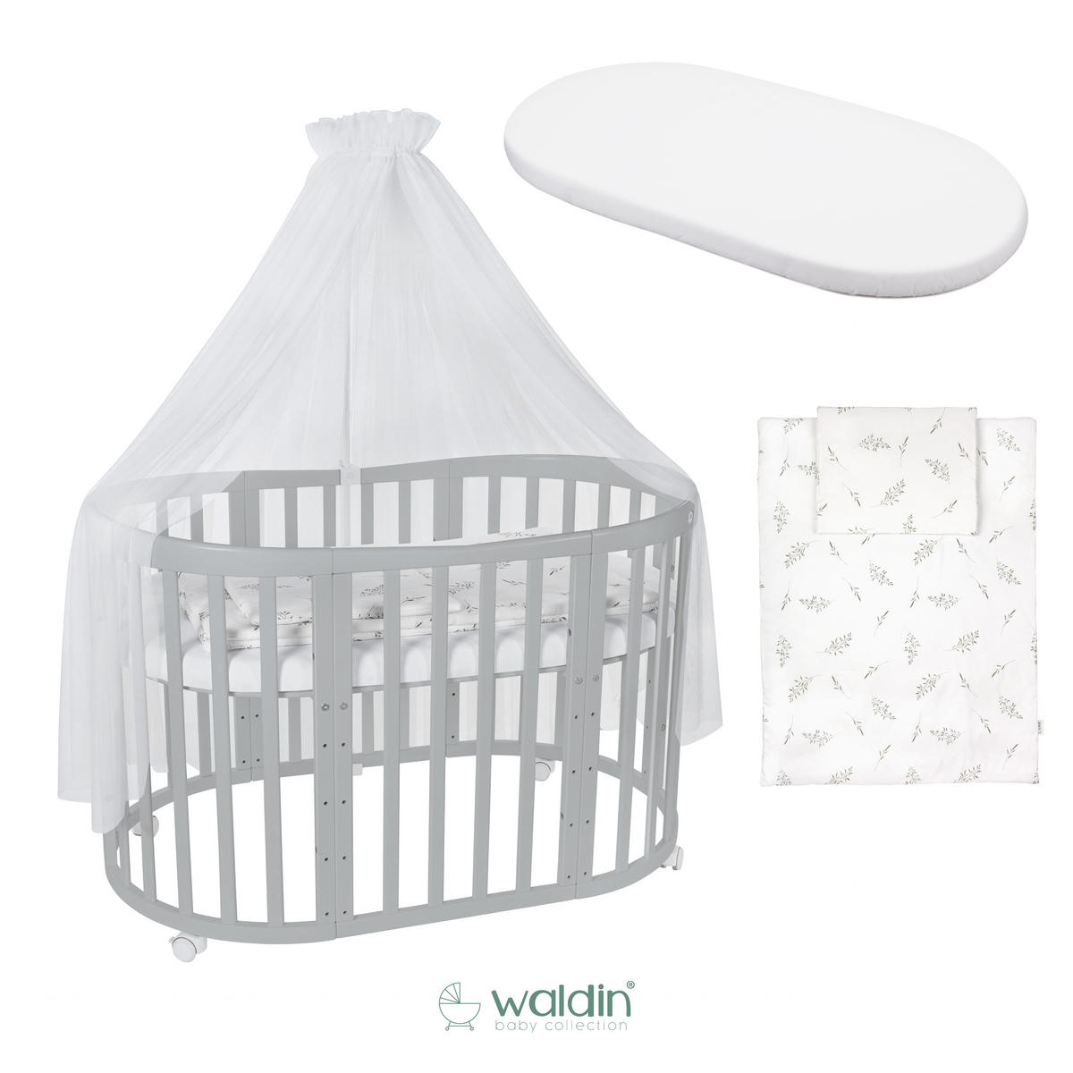 BABYBETT GREY OVAL 7in1 mit Matratze und Himmelset - Weiß/Grau, Holz/Textil