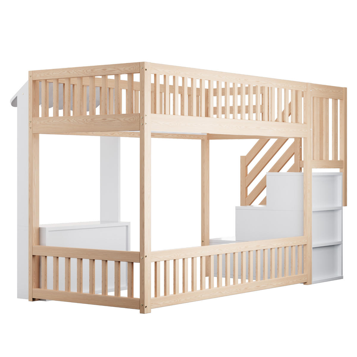 HOCHBETT 90/200 cm in Holzfarbe mit Stauraumtreppe, Stauraum und LED - Naturfarben/Weiß, Holz/Holzwerkstoff (90/200cm) - CHICFURN