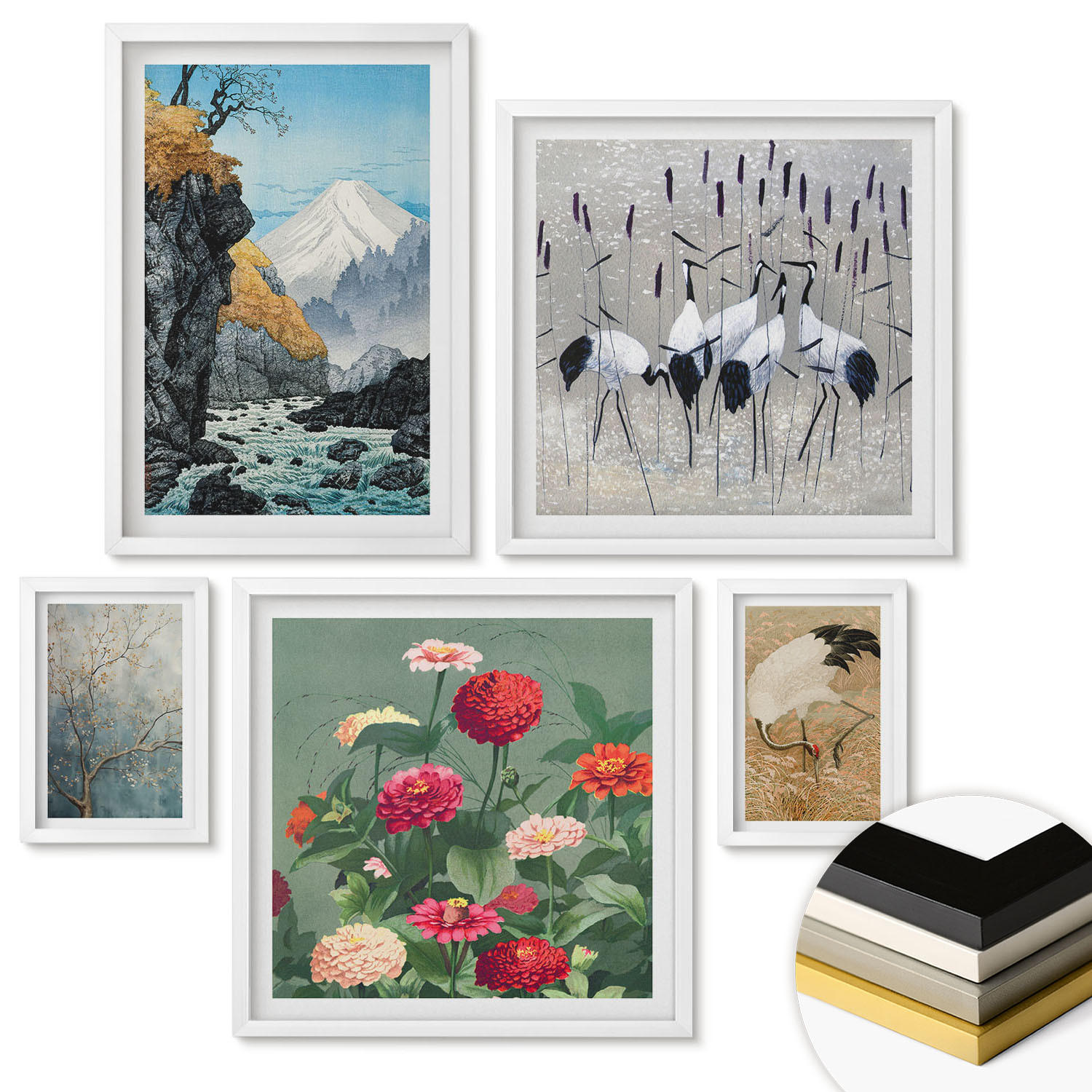 WANDBILDER 5er-Set - 50x50 cm & 20x30 cm & 40x60 cm Weißer Rahmen - Berge, Fluss, Blumen, Kraniche - Weiß, Kunststoff (40/60cm) - ArtPrintCave