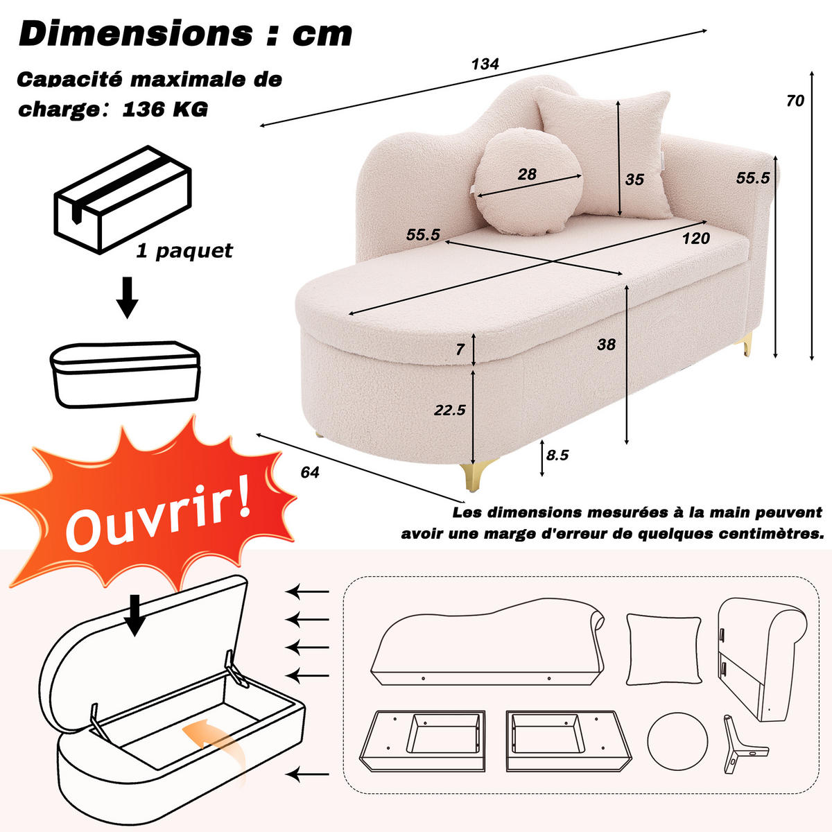 CHAISELONGUE 134 cm mit Stauraum, modernes Design, Teddyplüsch, wellenförmige Rückenlehne, inkl. Lenden- & Nackenkissen - Hellrosa, Textil (64/70/134cm) - Ej. Life