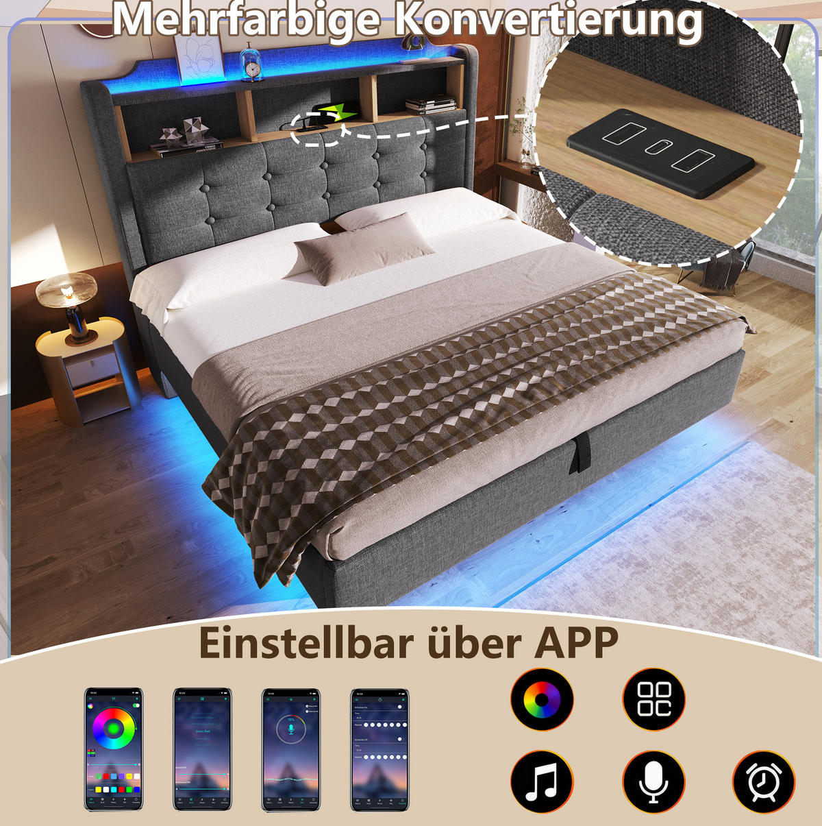 ČALOUNĚNÁ postel 140/200 cm šedá z lnu s LED osvětlením, úložným prostorem a USB-C - šedá, textil (140/200cm) - OKWISH