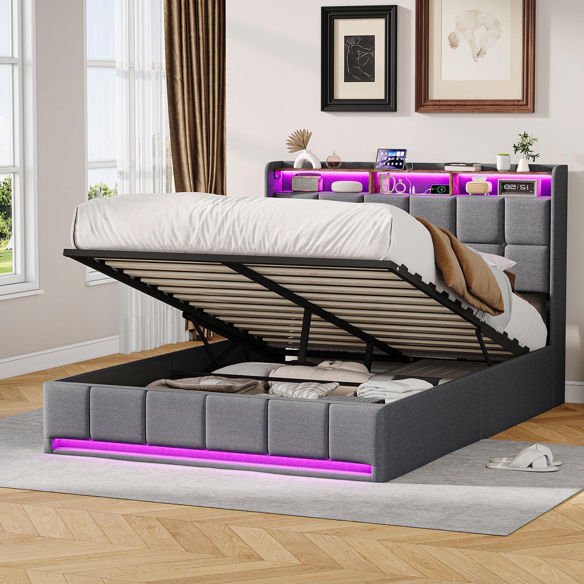 POLSTERBETT 160x200 cm Grau mit LED Beleuchtung, Kopfteil mit Stauraum und USB/Type-C, hydraulisches Stauraumbett - Grau, Metall (160/200cm) - EuroLiving