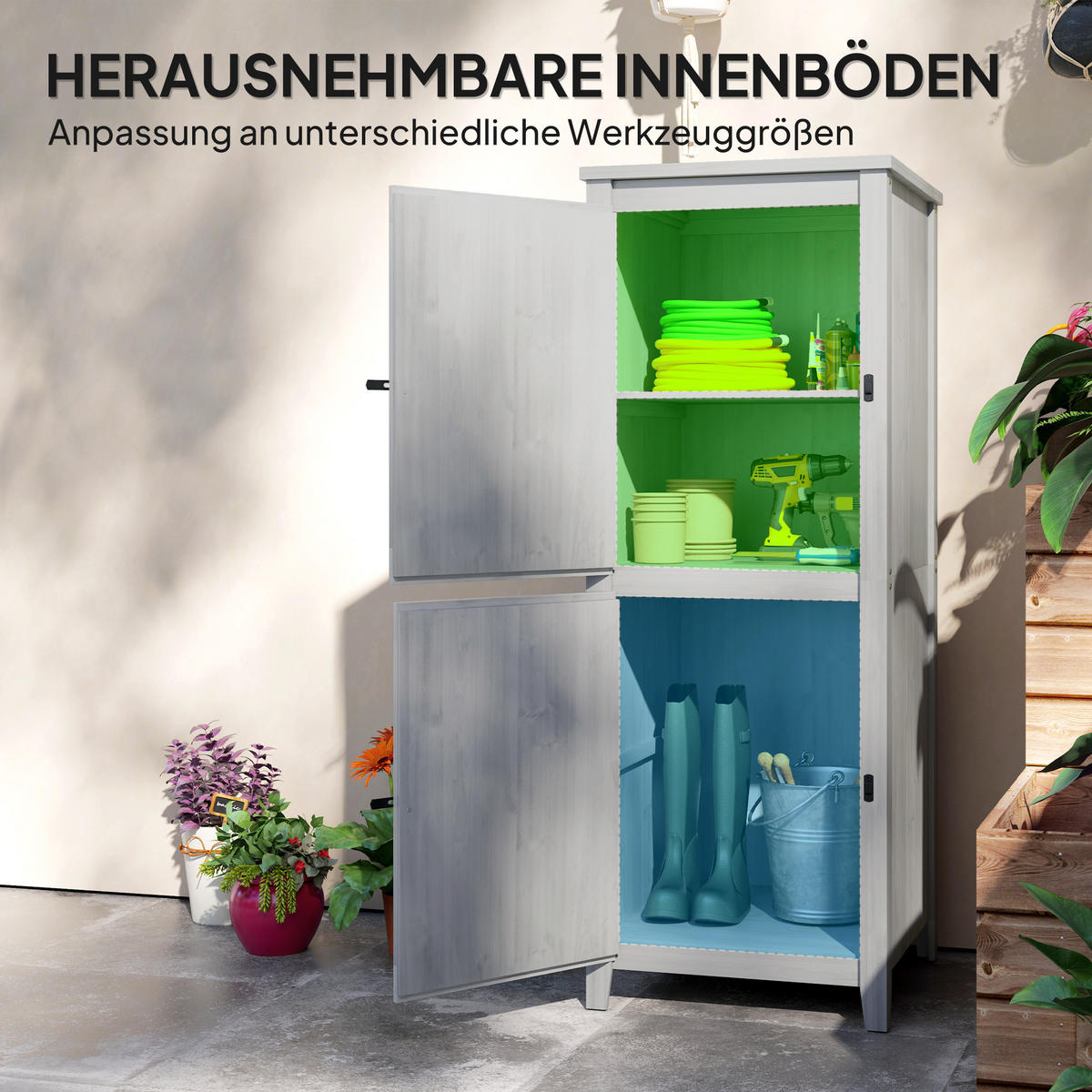 GARTENSCHRANK Holz 60x60x160cm - Hellgrau, Holz (60/160/60cm) - Outsunny