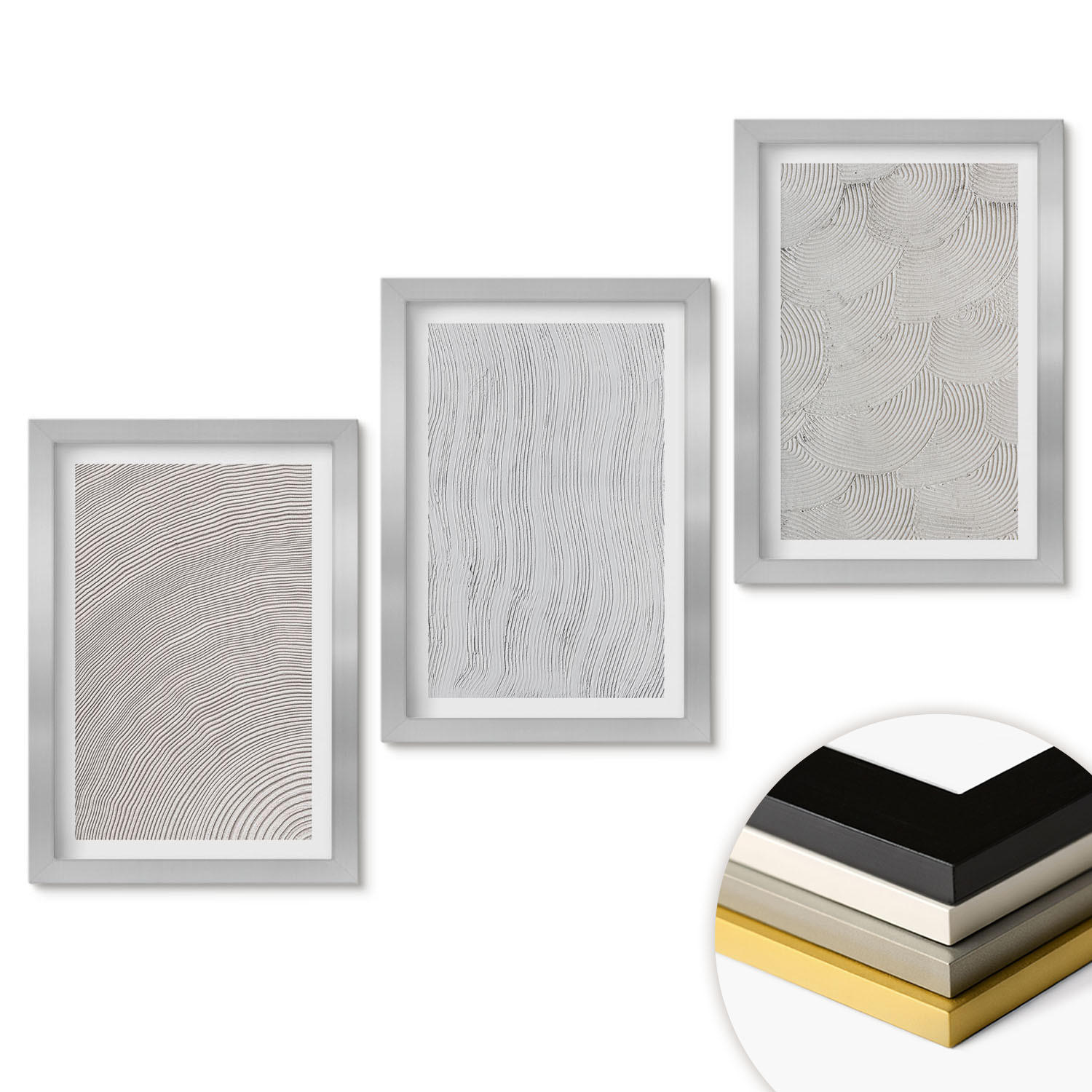 WANDBILDER 3er Set - 20x30 cm Silberner Rahmen - Sandmuster geometrische Strukturen - Silberfarben, Kunststoff (20/30cm) - ArtPrintCave