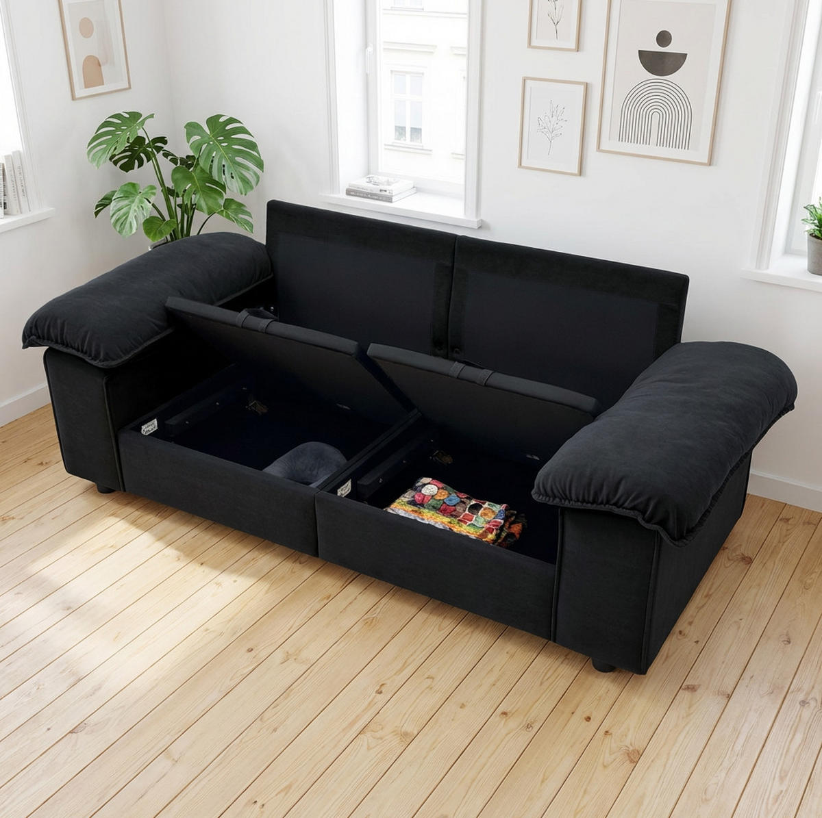 2-SITZER Sofa mit Stauraum Stoffbezug und Holzrahmen 201/91/89 cm Schwarz - Schwarz, Textil (91/89/201cm) - Redom