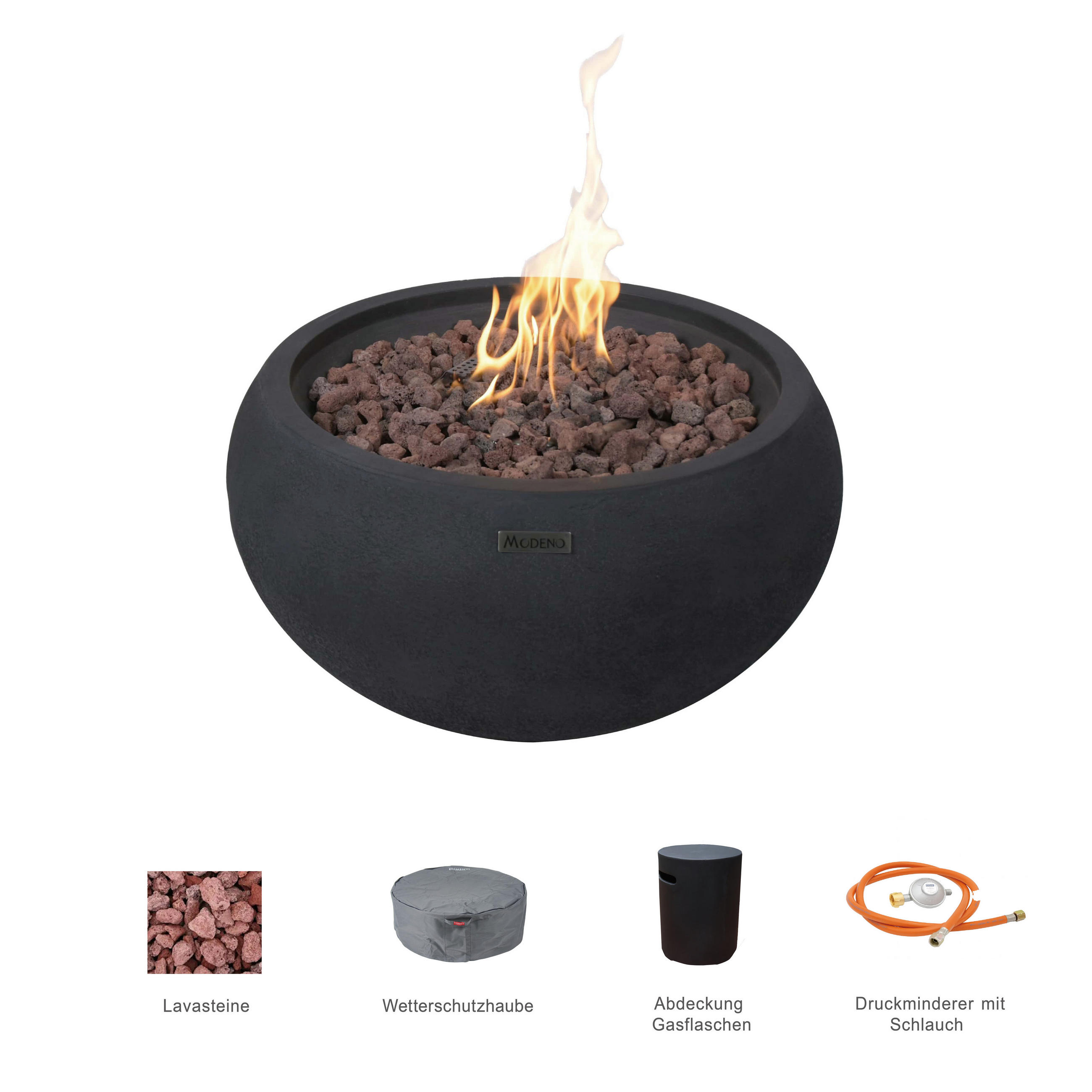 FEUERTISCH York Gasfeuerstelle aus GF-Beton - 2-tlg. Set inkl. Gasflaschen-Abdeckung - Schwarz, Naturmaterialien (68/36/68cm) - Elementi