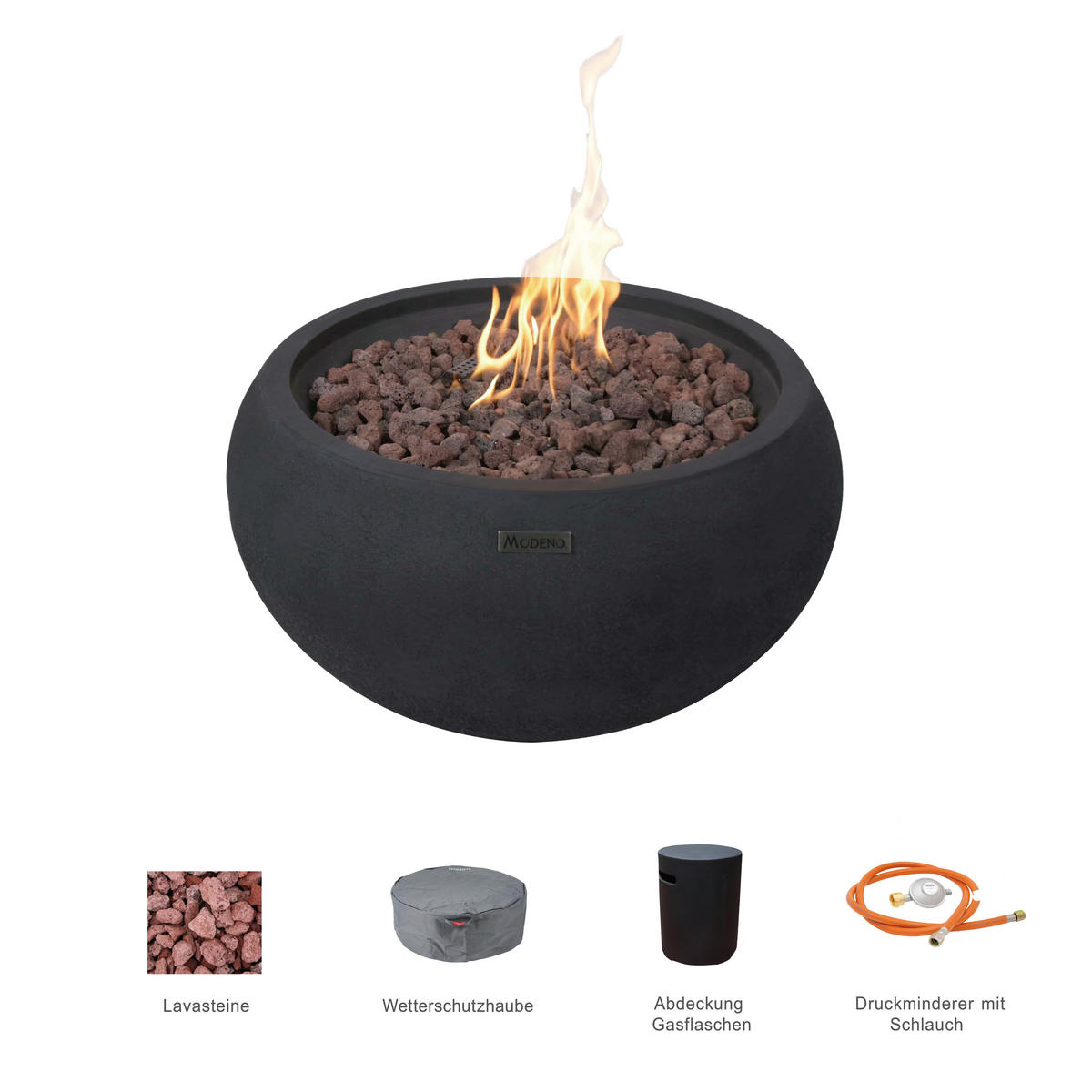 FEUERTISCH York Gasfeuerstelle aus GF-Beton - 2-tlg. Set inkl. Gasflaschen-Abdeckung - Schwarz, Naturmaterialien (68/36/68cm) - Elementi