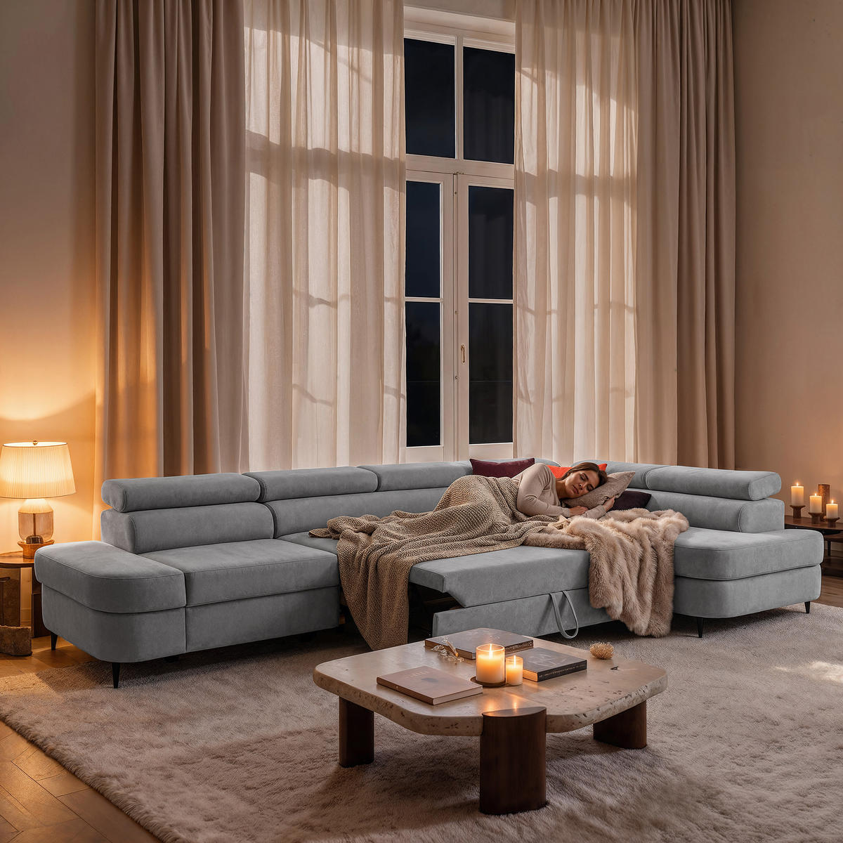 ECKSOFA PRIAM MAXI L-Form Rechts mit Schlaffunktion 125x195 Velours Hellgrau - Hellgrau/Schwarz, Holz/Textil (350/203cm) - Muffo