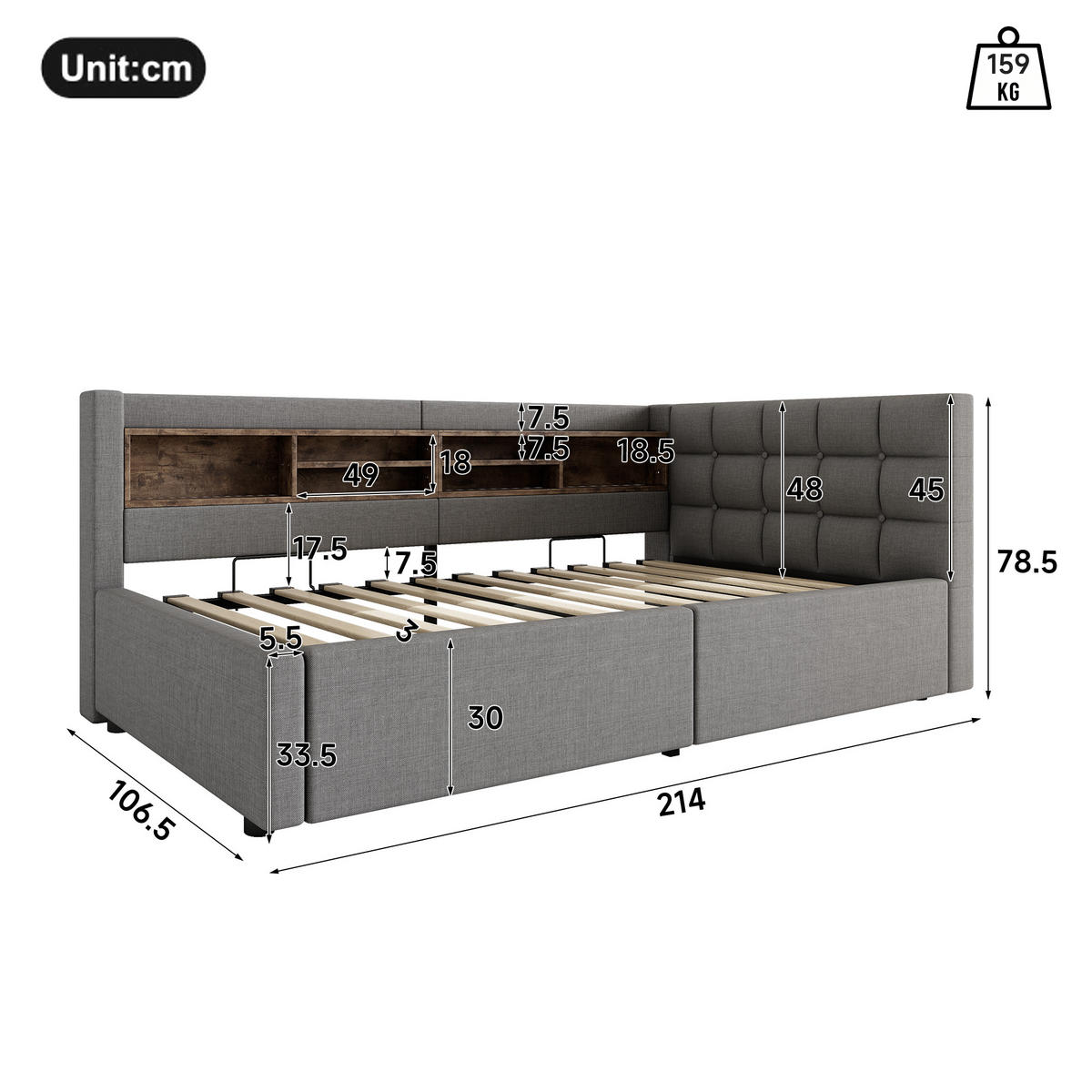 DENNÍ POSTEL 90x200cm Pohovka Úložná LED USB Šedá - šedá, přírodní materiály (90/200cm) - FLIEKS