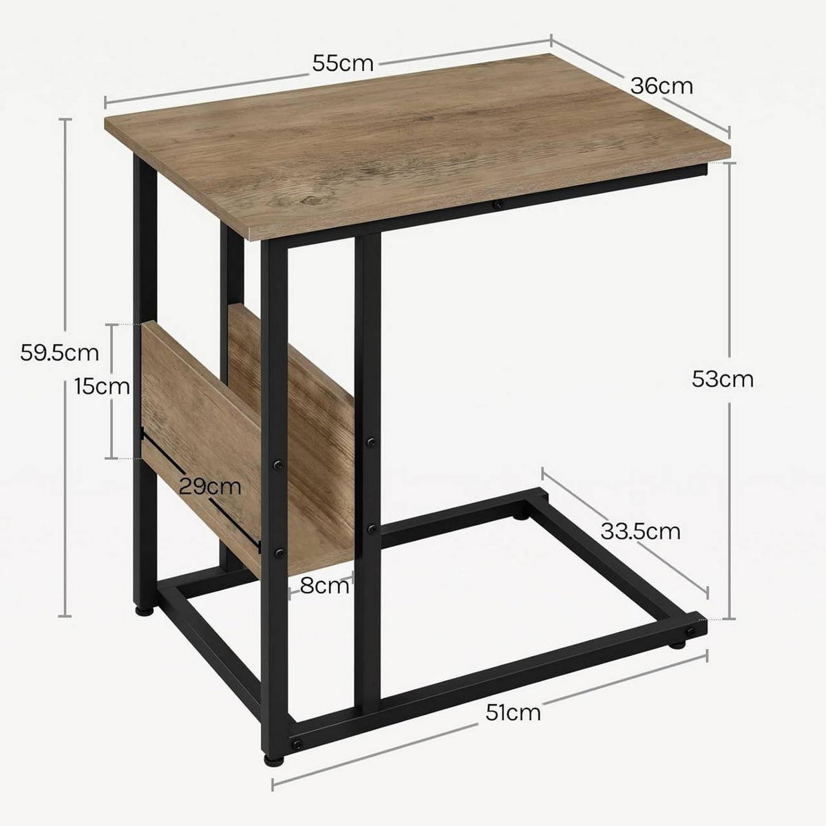 BEISTELLTISCH 55x36x59,5cm(BxTxH), Graue Holzoptik - Schwarz/Sonoma Eiche, Holzwerkstoff/Metall (36/55/59.5cm) - Woltu