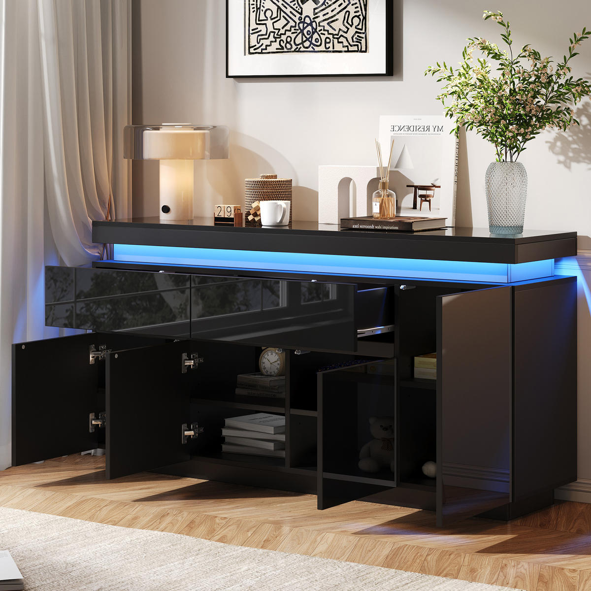 SIDEBOARD DE-37813 mit LED-Beleuchtung und 4 Türen Schwarz - Schwarz, Holzwerkstoff (140/72.5/35cm) - ComfortXL
