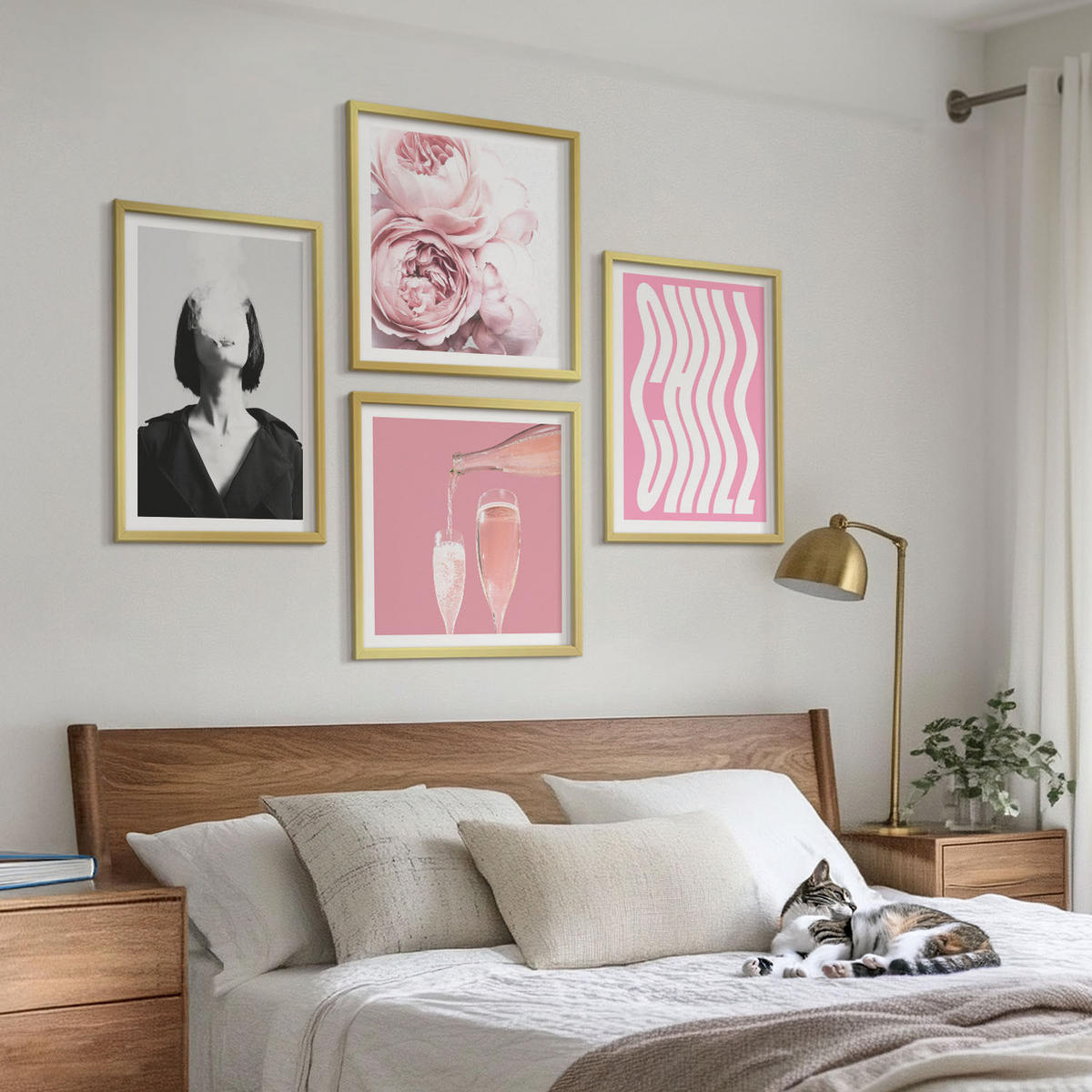 WANDBILDER 4er Set - 50x50 cm & 40x60 cm Goldrahmen - Stilvolles Porträt mit Champagner - Goldfarben, Kunststoff (50/50cm) - ArtPrintCave