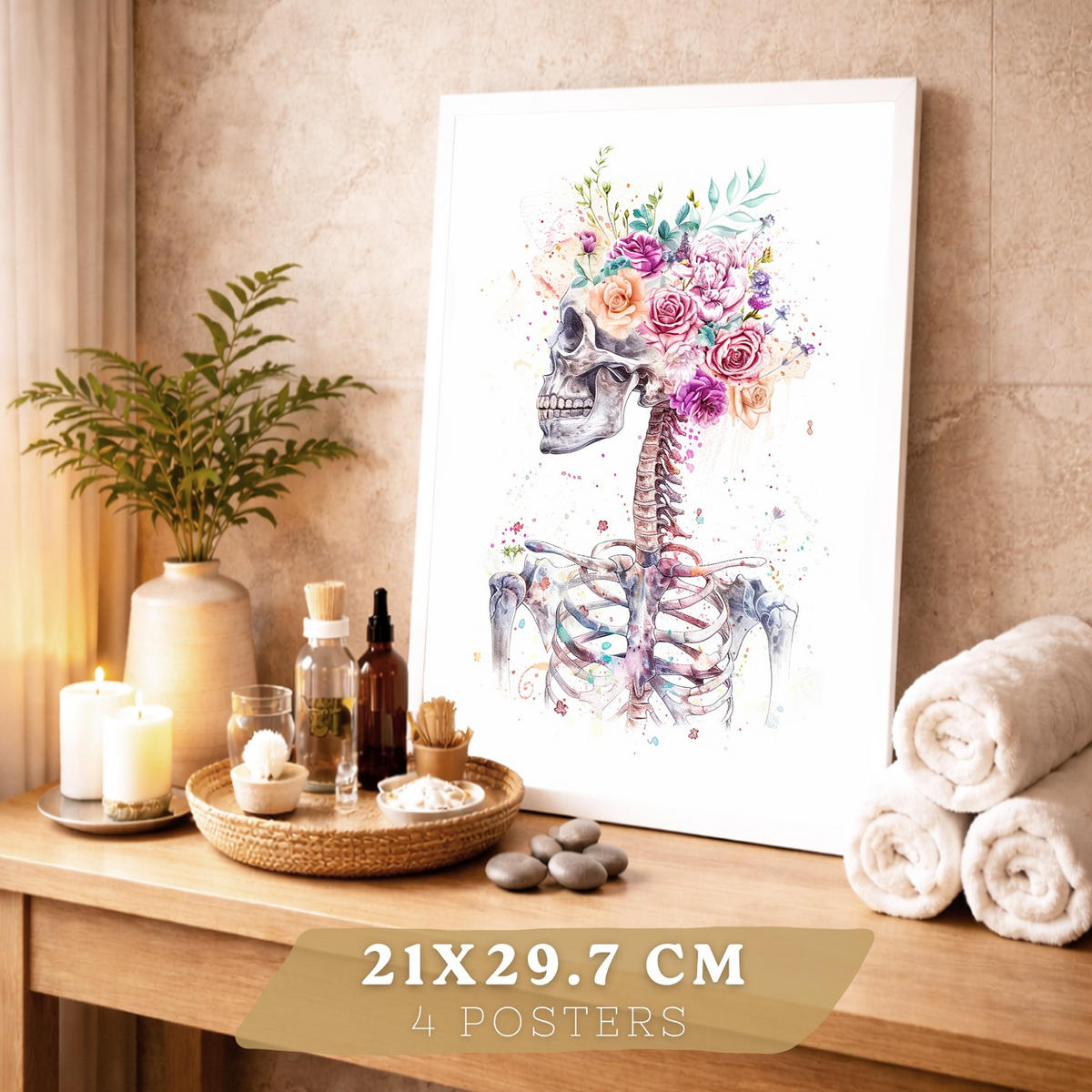 POSTER Set aus 4 Anatomie Mensch Drucke und Wandbilder mit Schädel Lungen Verdauungssystem und Gehirn Florales Aquarell Design Größe Weißer Rahmen A4 - Weiß, Papier (21/29.7/3cm) - Nacnic