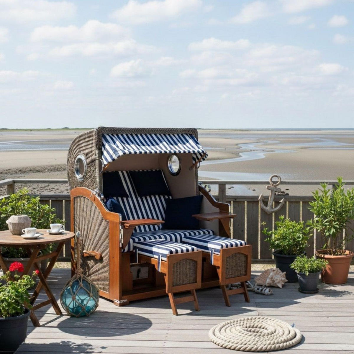 STRANDKORB 2-Sitzer Düne Mahagoni 518 - Blau/Dunkelblau, Holz (125/170/80cm) - Mr. Deko