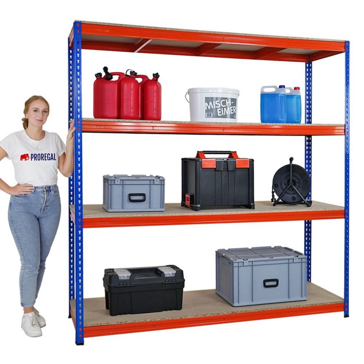 SCHWERLASTREGAL Bison 200x200x60 cm 4 Spanplatten-Ebenen 16mm Fachlast 600 kg Blau-Orange - Blau, Metall (200/200/60cm) - PROREGAL