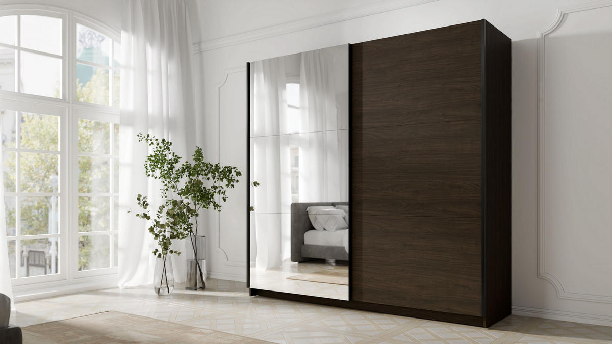 SCHWEBETÜRENSCHRANK BELDEN 150,6/207/55,3cm 2-türig mit Spiegel Nussbaumfarben - Nussbaumfarben, Holzwerkstoff (150.6/207/55.3cm) - MASSENO