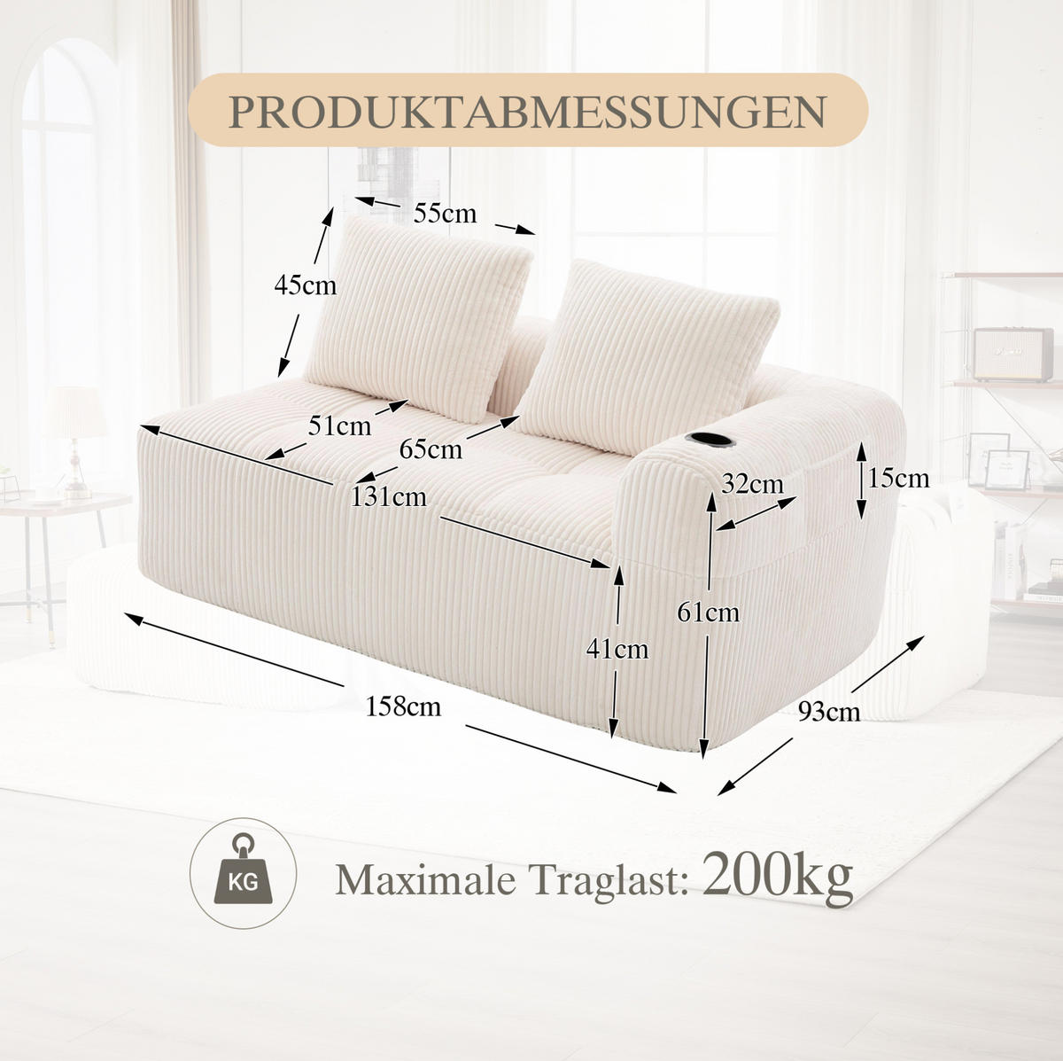 2-SITZER Sofa Cord mit Seitenfächern und Becherhaltern 158/93/61 cm Beige - Beige, Textil (93/61/158cm) - Redom
