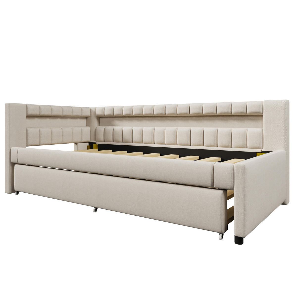 POLSTERBETT 90/200 cm mit Ausziehbett, LED-Lichtleiste, USB- und Type-C-Anschluss, Leinenbezug, Beige - Beige, Textil (90/200cm) - Redom