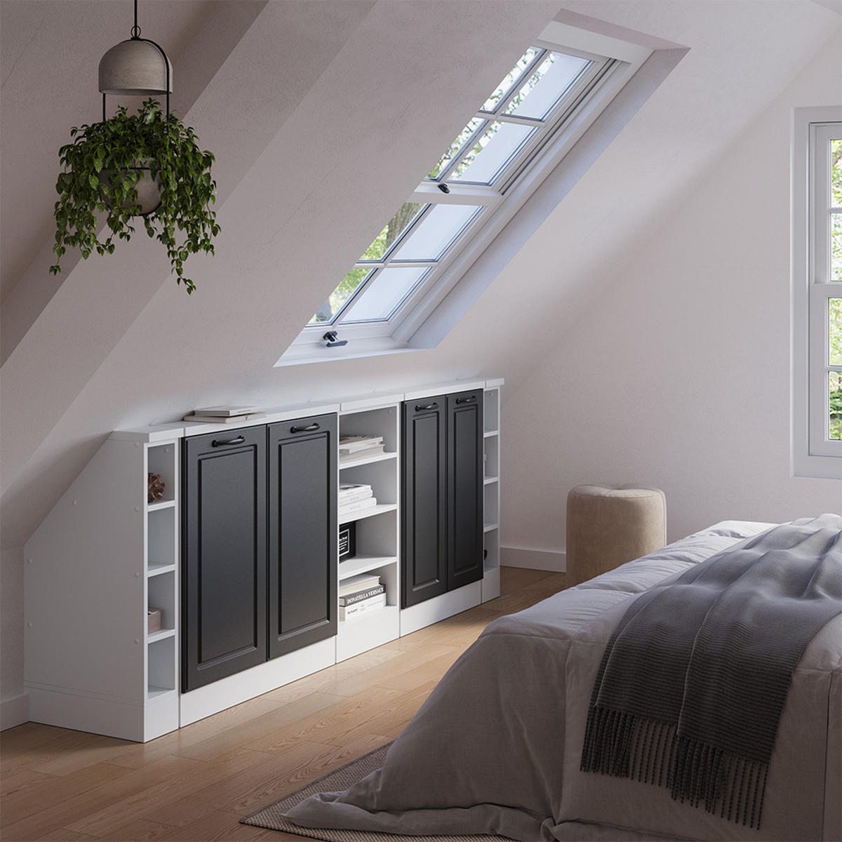 DACHSCHRÄGENSCHRANK-SET Rion Anthrazit Landhaus/Weiß 5er Set - Anthrazit/Weiß, Holzwerkstoff (215/81.6/46cm) - Vicco