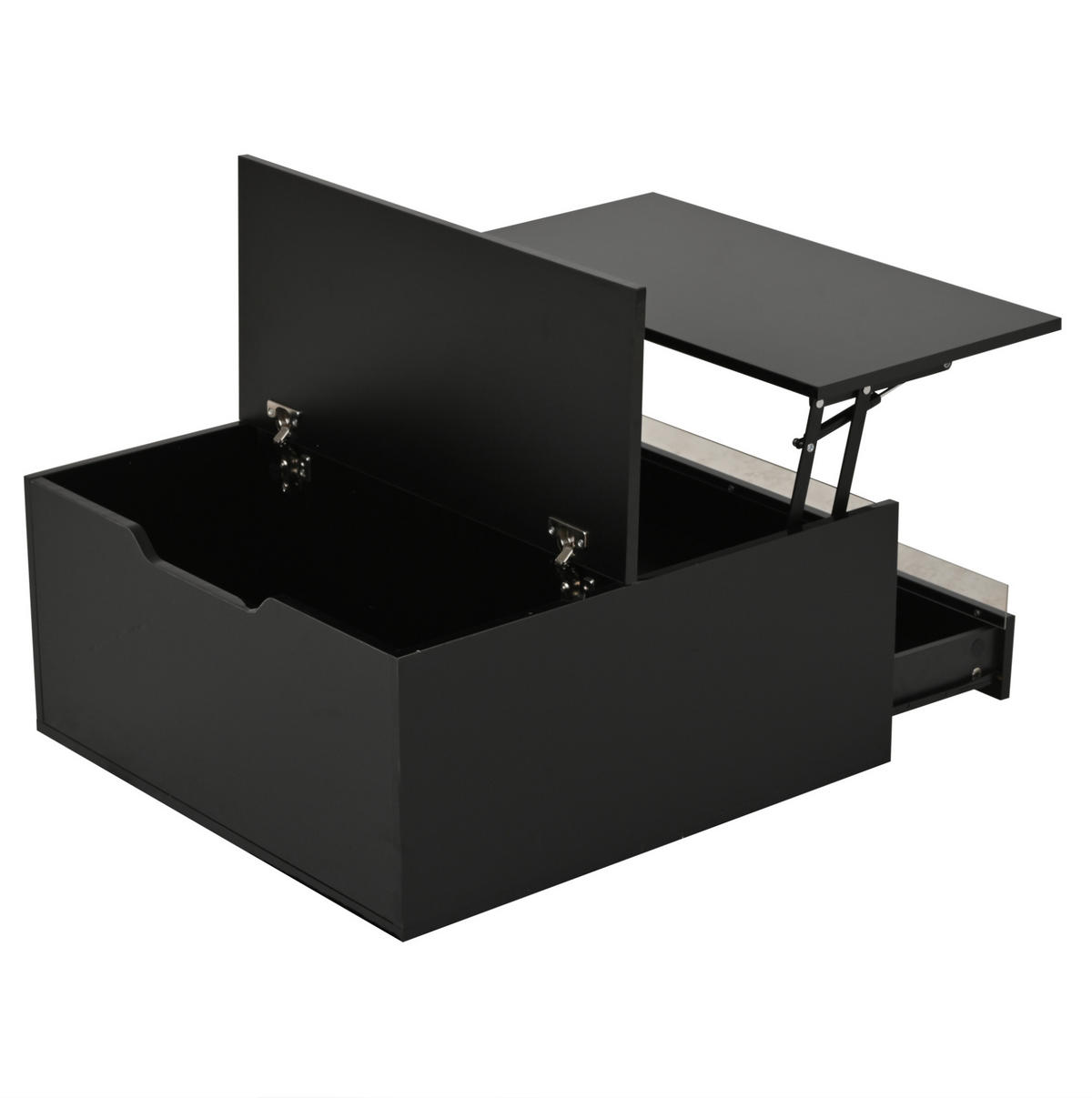 COUCHTISCH mit Hubplatte 70x70 cm Hochglanz Schwarz mit LED und Schublade - Schwarz, Holzwerkstoff (70/70/38cm) - Meubliv