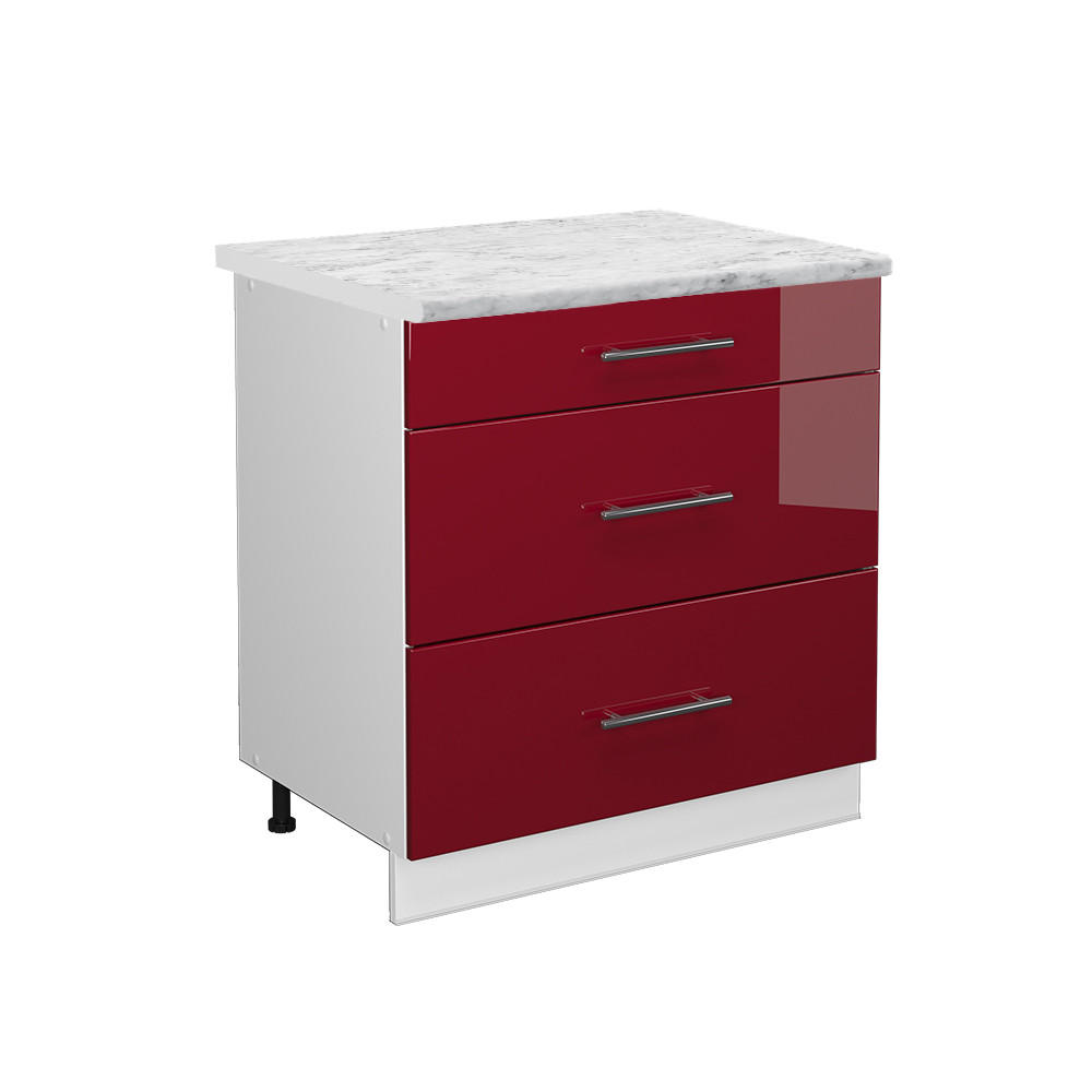 KÜCHENUNTERSCHRANK Fame-Line Bordeaux Hochglanz 80 cm mit 3 Schubladen AP Marmor - Bordeaux/Weiß, Holzwerkstoff (80/82/60cm) - Vicco