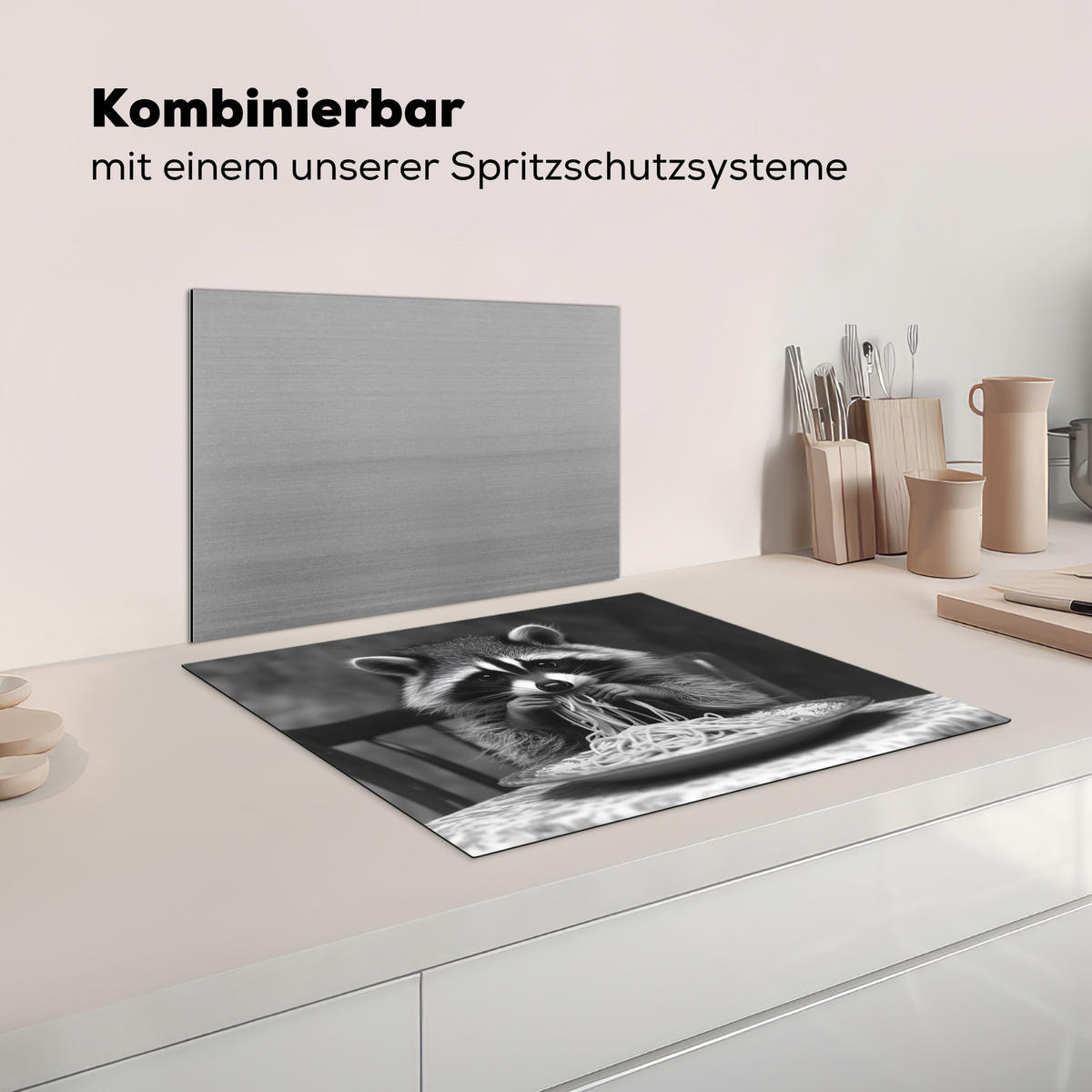 HERDABDECKPLATTE Waschbär - Niedlich - Pasta - Tischtuch - Schwarz - Weiß Herdabdeckung Induktionsfeld 65x52 cm - Grau, Kunststoff (65/52/0.2cm) - MuchoWow