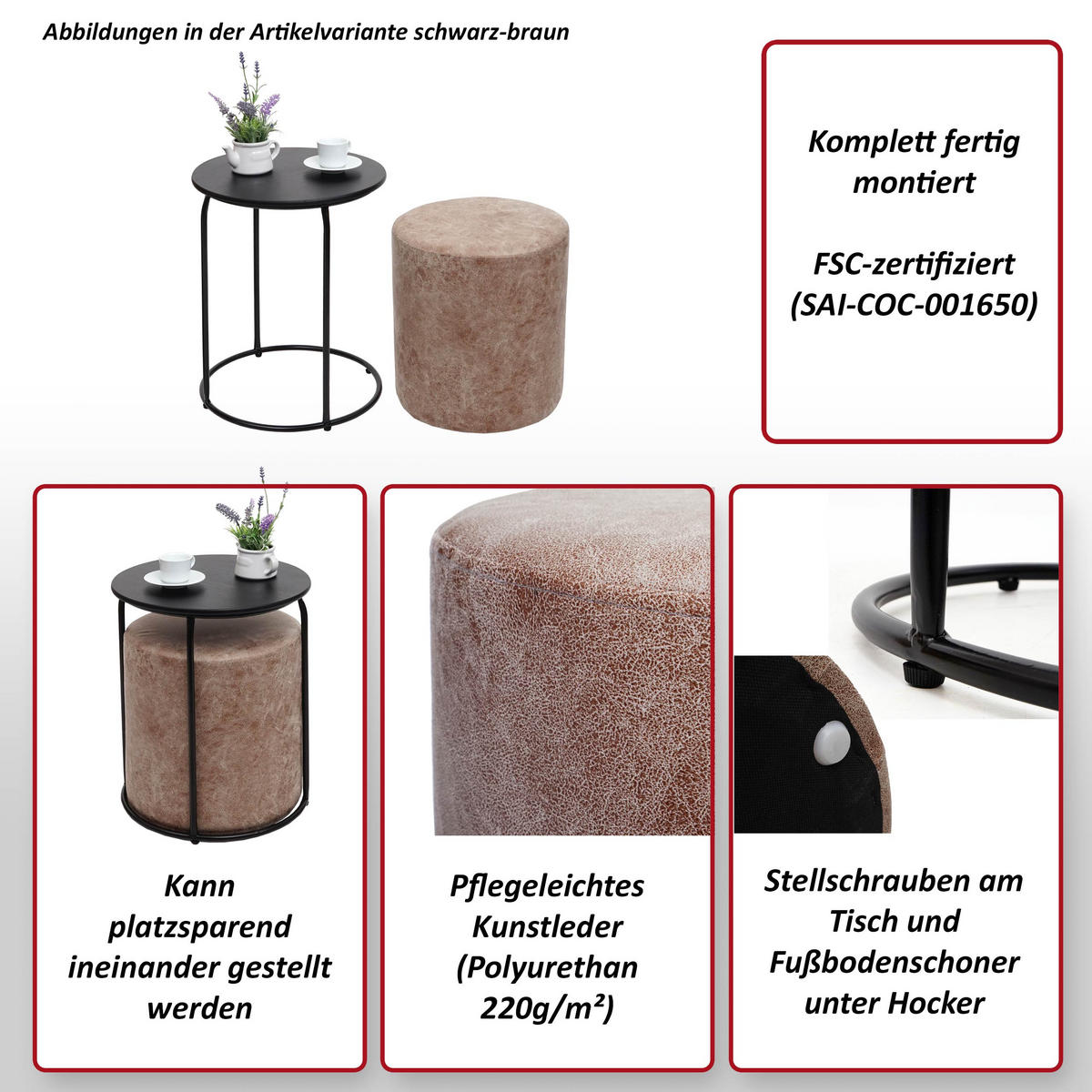 SITZHOCKER/BEISTELLTISCH Braun 2er-Set - Braun, Textil (39/53/39cm) - MCW