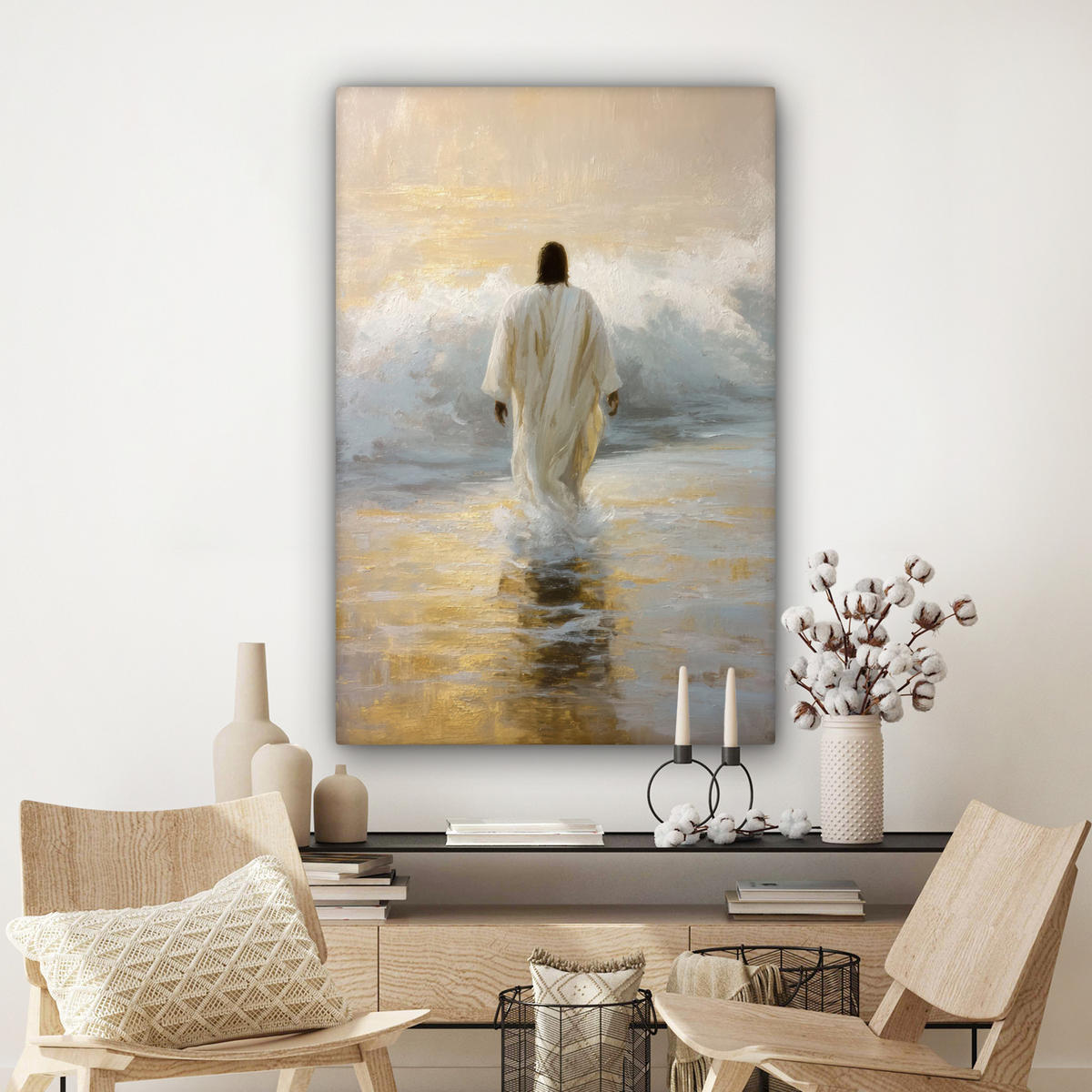 LEINWANDBILD Gemälde - Welle - Jesus - Abstrakt Deko Groß 90x140 cm - Goldfarben, Textil (90/140cm) - MuchoWow