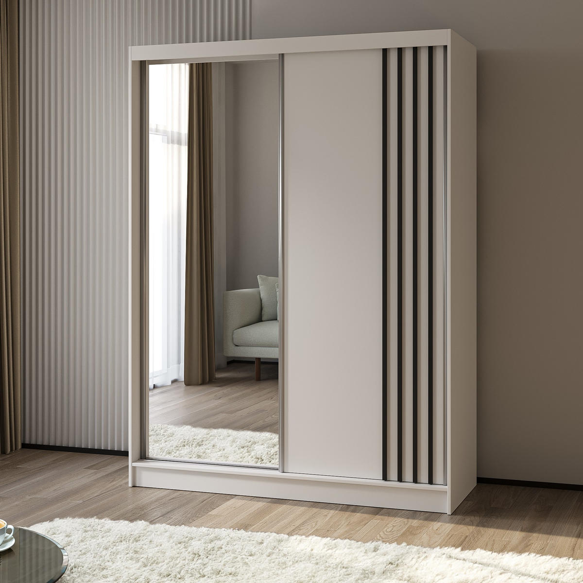 SCHWEBETÜRENSCHRANK NELVIA 160/216/61 cm 2-türig mit Spiegel Weiß - Weiß, Holzwerkstoff (160/216/61cm) - MASSENO