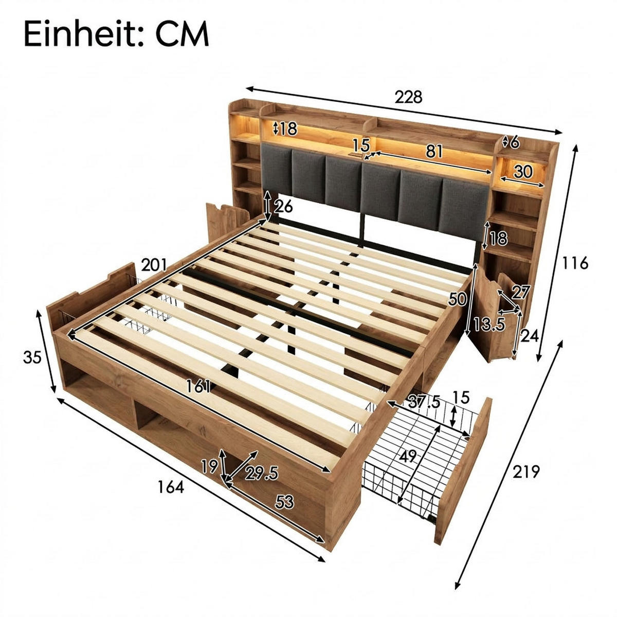 POLSTERBETT 160/200 cm Eiche mit LED-Beleuchtung, USB- und Type-C-Anschlüssen und Rollschubladen - Eichefarben, Holz (160/200cm) - Oxeza