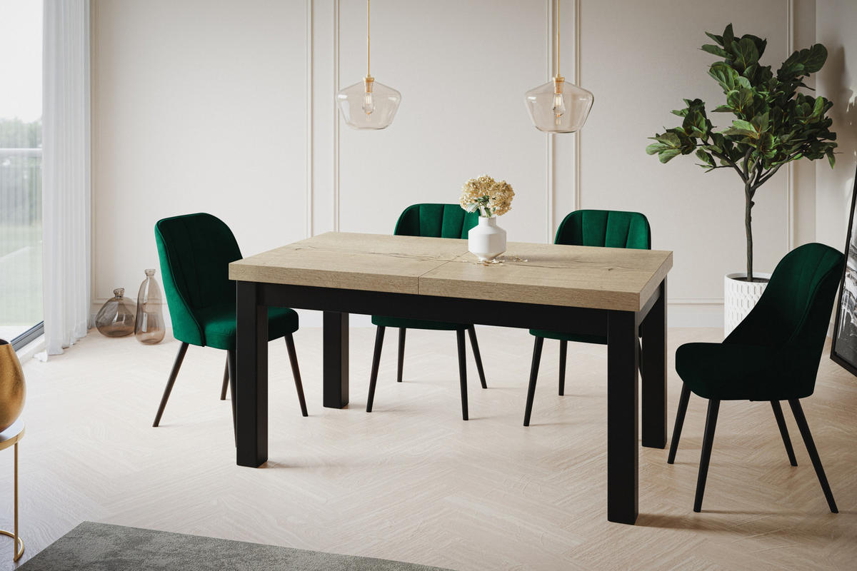 ESSZIMMERTISCH CLASSIC, ausziehbarer Tisch 120-160X80X78 cm, Farbe: HALIFAX, mit Holzbeinen in Farbe Schwarz - Schwarz/Naturfarben, Holzwerkstoff (120/80/78cm) - Alpi-Möbel