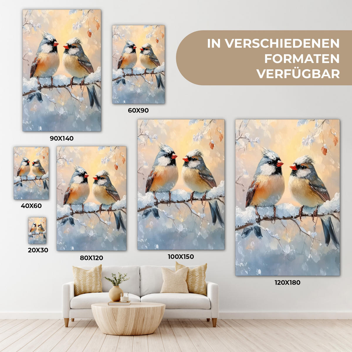 LEINWANDBILD Vögel - Zweig - Winter - Schnee 80x120 cm - Pastellblau, Textil (80/120cm) - MuchoWow