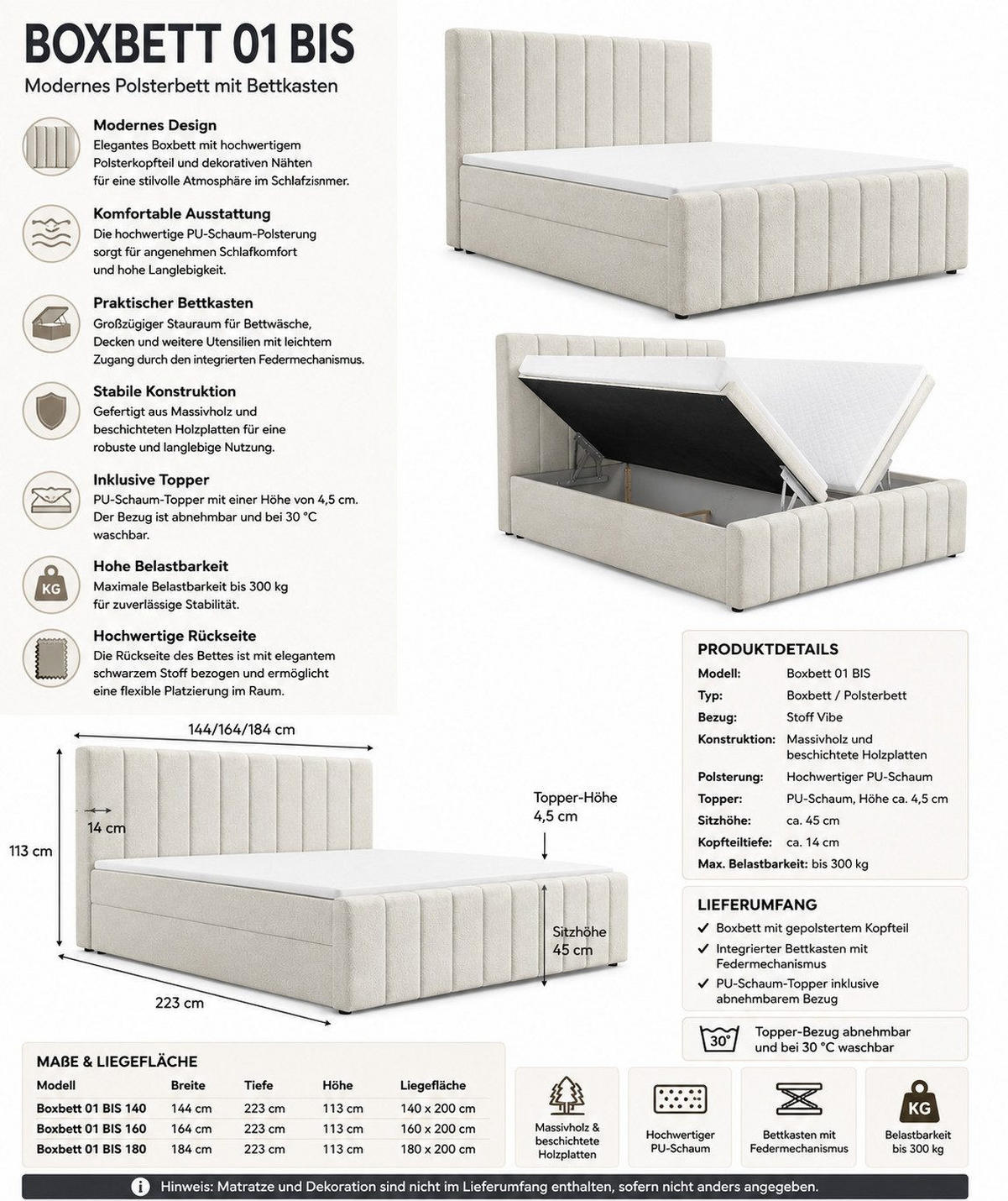 BOXBETT 01 BIS 160 x 200 cm - Vibe - Modernes Polsterbett mit Bettkasten inkl. PU-Schaum-Topper und Federmechanismus - Grau, Holz (160/200cm) - ROYAL24_MARKT