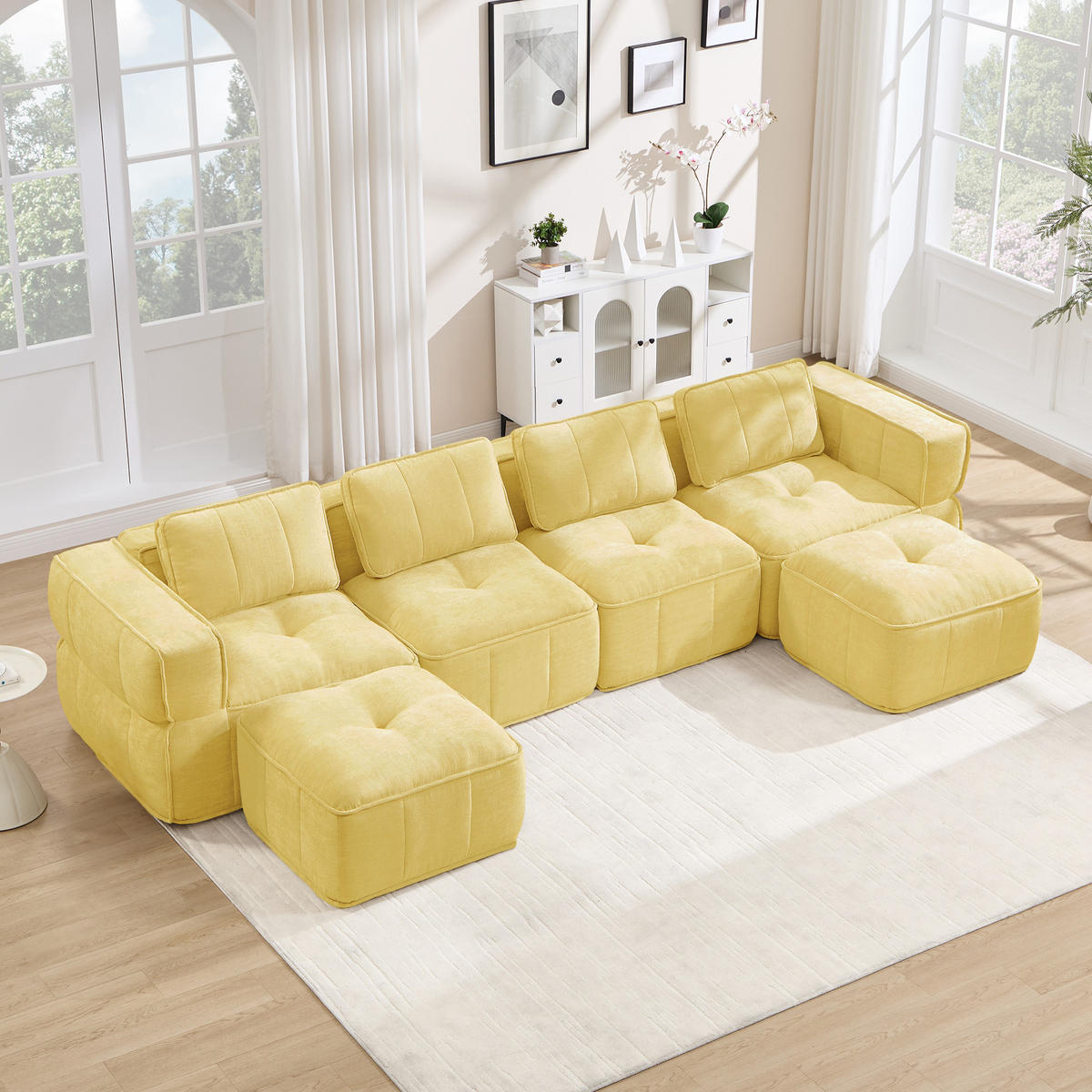 WOHNLANDSCHAFT DE-34428 4-Sitzer U-Form mit 2 Hockern Gelb - Gelb, Textil (162/67/344cm) - ComfortXL