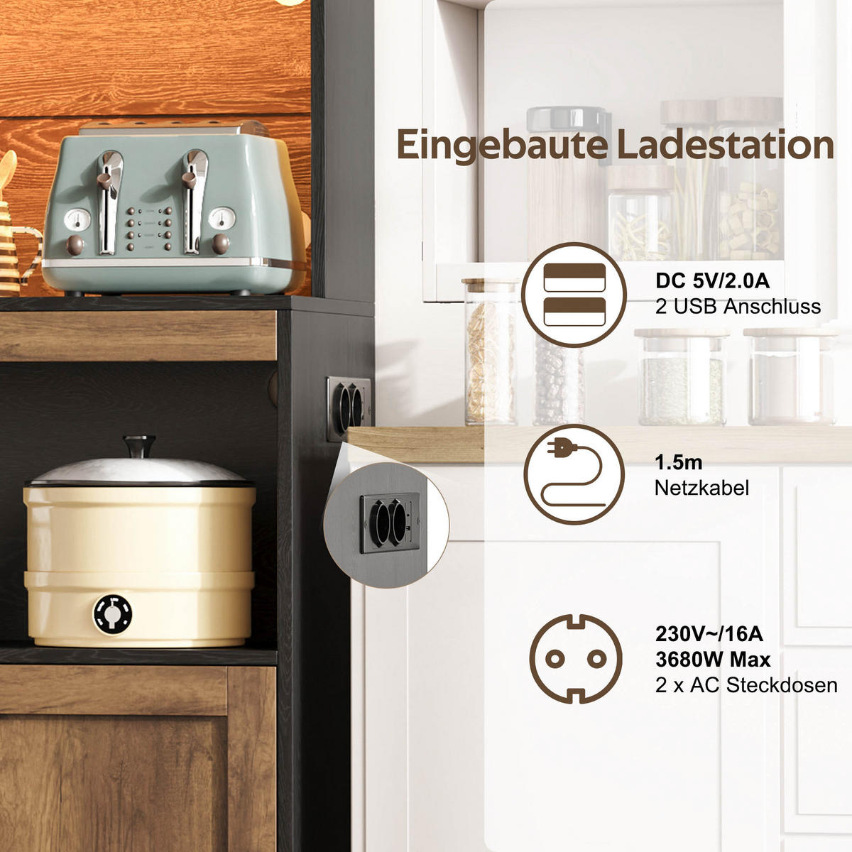 KÜCHENSCHRANK Vorratsschrank mit RGB-LED Steckdosen 6 Türen 1 Schublade 180cm - Naturfarben, Holzwerkstoff (110/180/40cm) - Urban Meuble