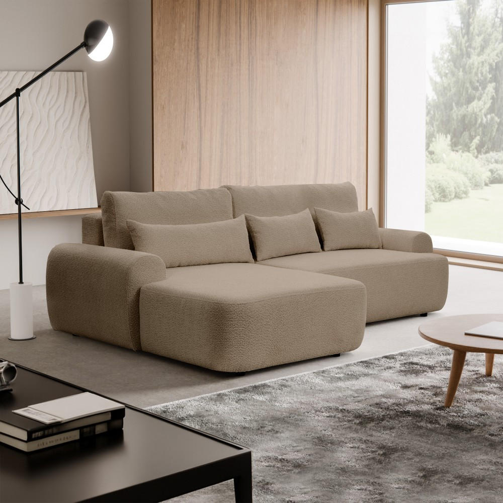 ECKSCHLAFSOFA Oliver im Bouclé-Gewebe, Hellbraun, links - Hellbraun/Schwarz, Textil (266/160cm) - Beautysofa