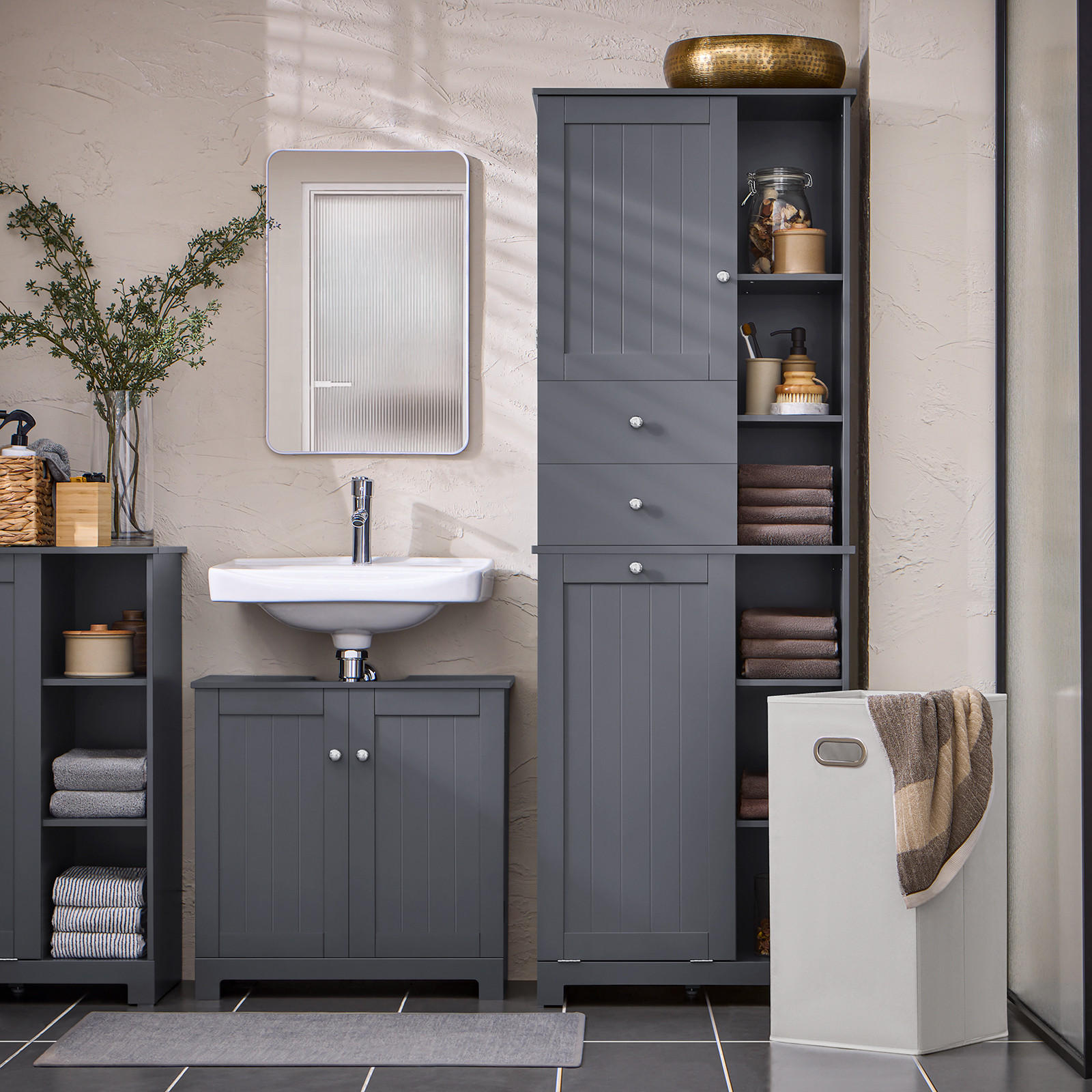 HOCHSCHRANK mit Wäschesack Grau - Grau, Holzwerkstoff (60/170/37cm) - SoBuy