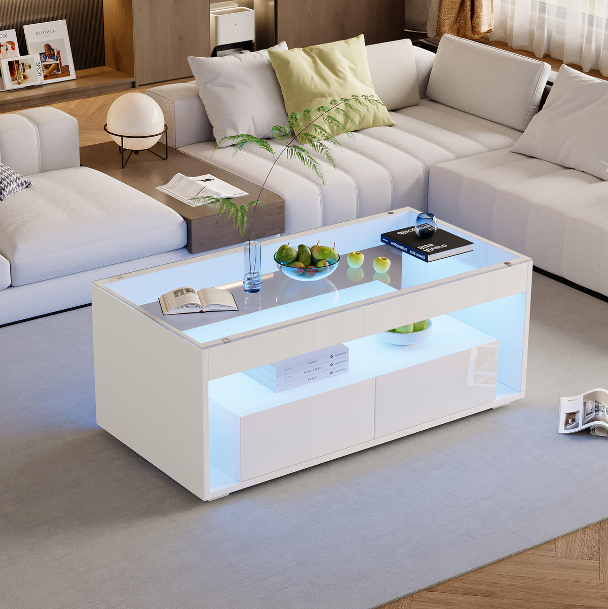 KONFERENČNÍ stolek, 100/50/40 cm bílý, s LED osvětlením a 2 zásuvkami - bílá, kompozitní dřevo (100/50/40cm) - BEAOK