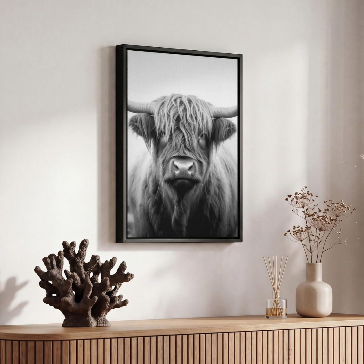 LEINWAND Bilder mit Rahmen - Schottischer Highlander - Nebel - Schwarz - Weiß - 20x30 - Grau, Textil (20/30cm) - MuchoWow