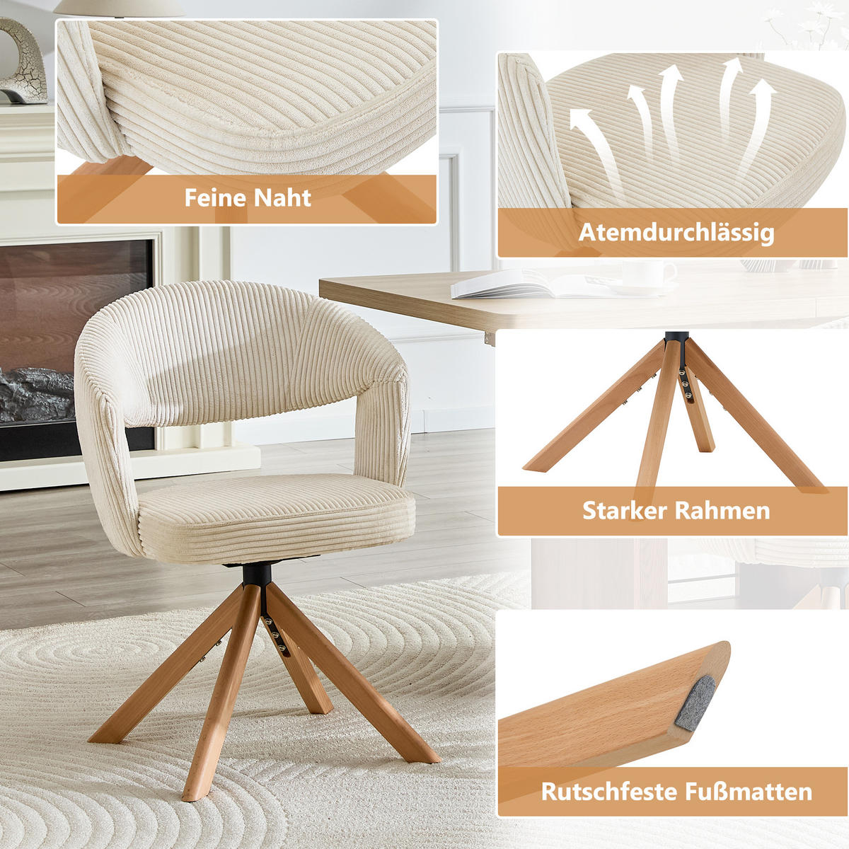 ESSZIMMERSTÜHLE 2er-Set Drehbar Cord Massivholz Retro-Stil - Beige, Textil (47/81.5/47.5cm) - Urban Meuble
