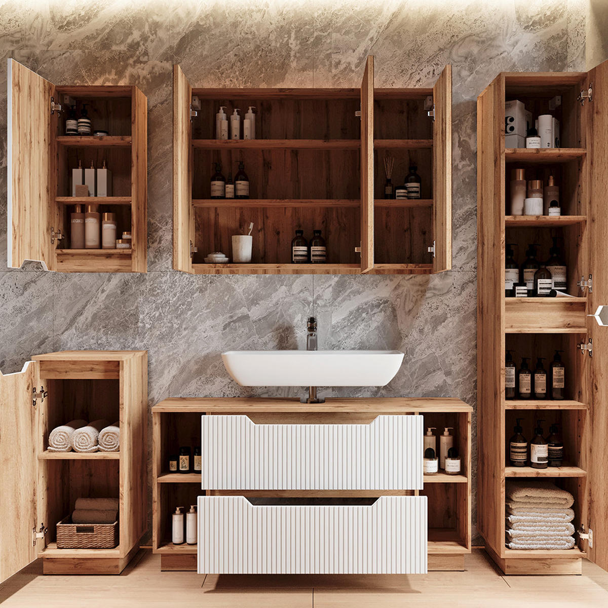 BADMÖBEL-SET Lotta Eiche/weiß gestreift 3 Teile - Eichefarben/Weiß, Holzwerkstoff (119.2/62.5/35cm) - Vicco