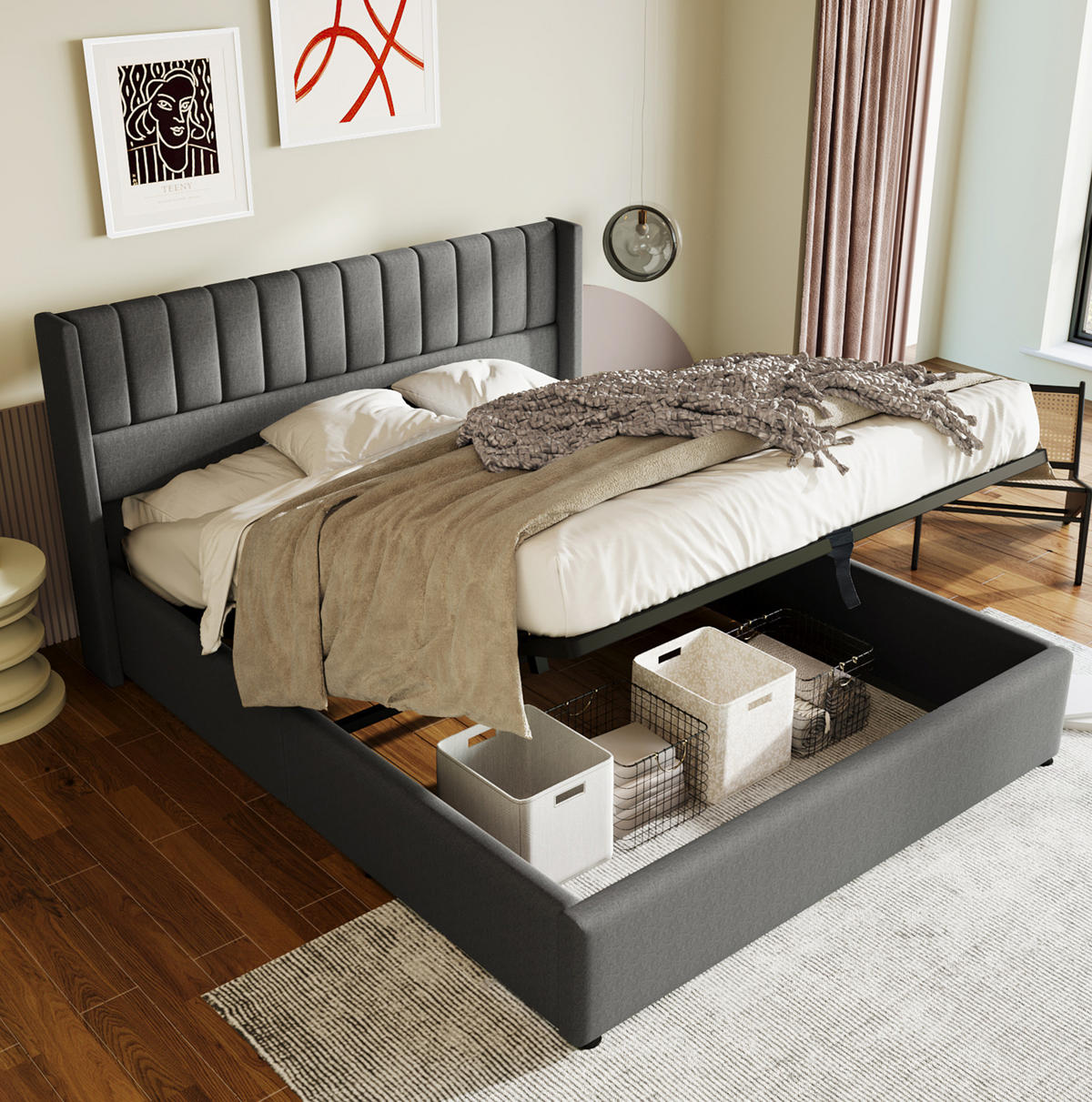 POLSTERBETT 180/200 cm Grau aus Leinen mit Bettkasten - Grau, Textil (180/200cm) - OKMYHOME